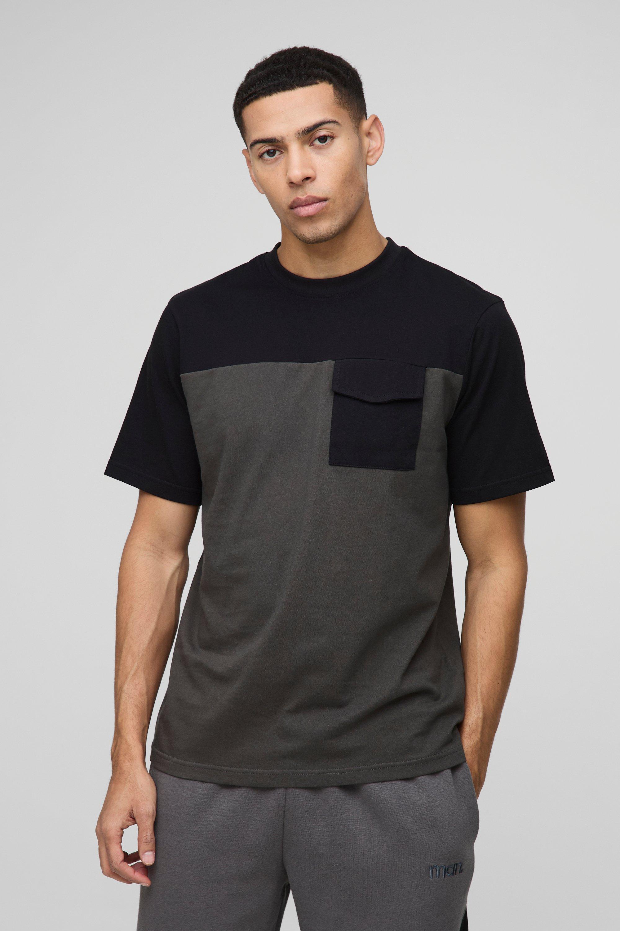 T-shirt Man tono su tono a blocchi di colore con tasche, Nero