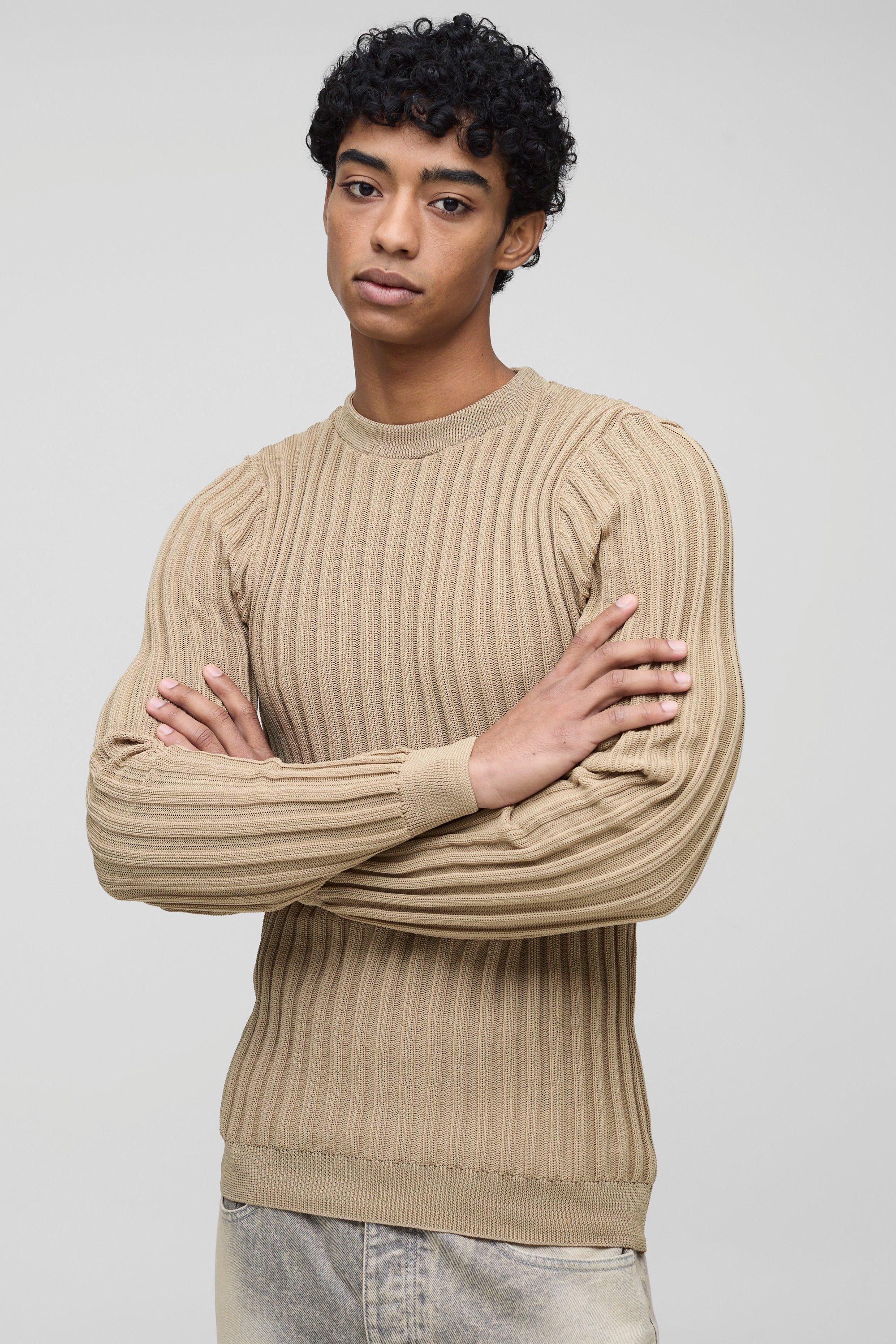 Maglione attillato a coste a maniche lunghe, Beige