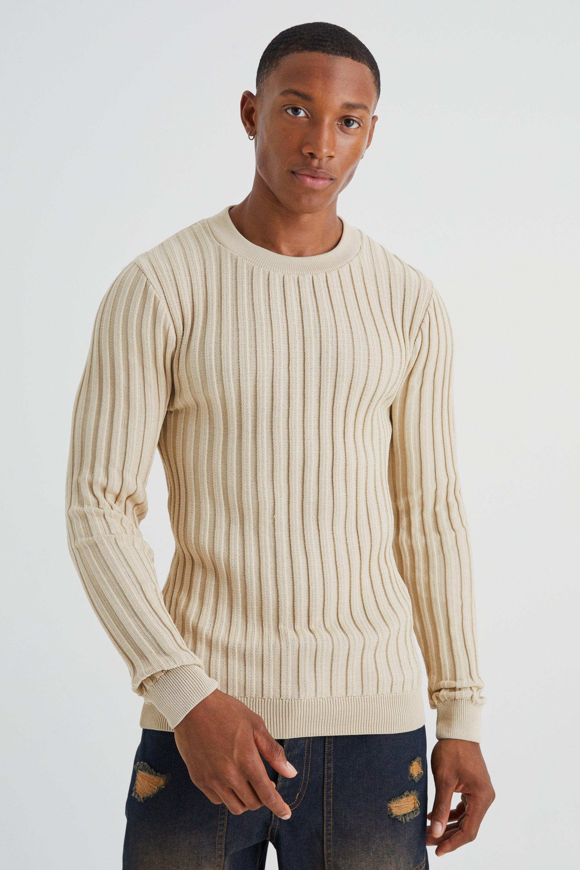 Mens Beige Muscle Fit Ribbed Long Sleeve Jumper, Beige