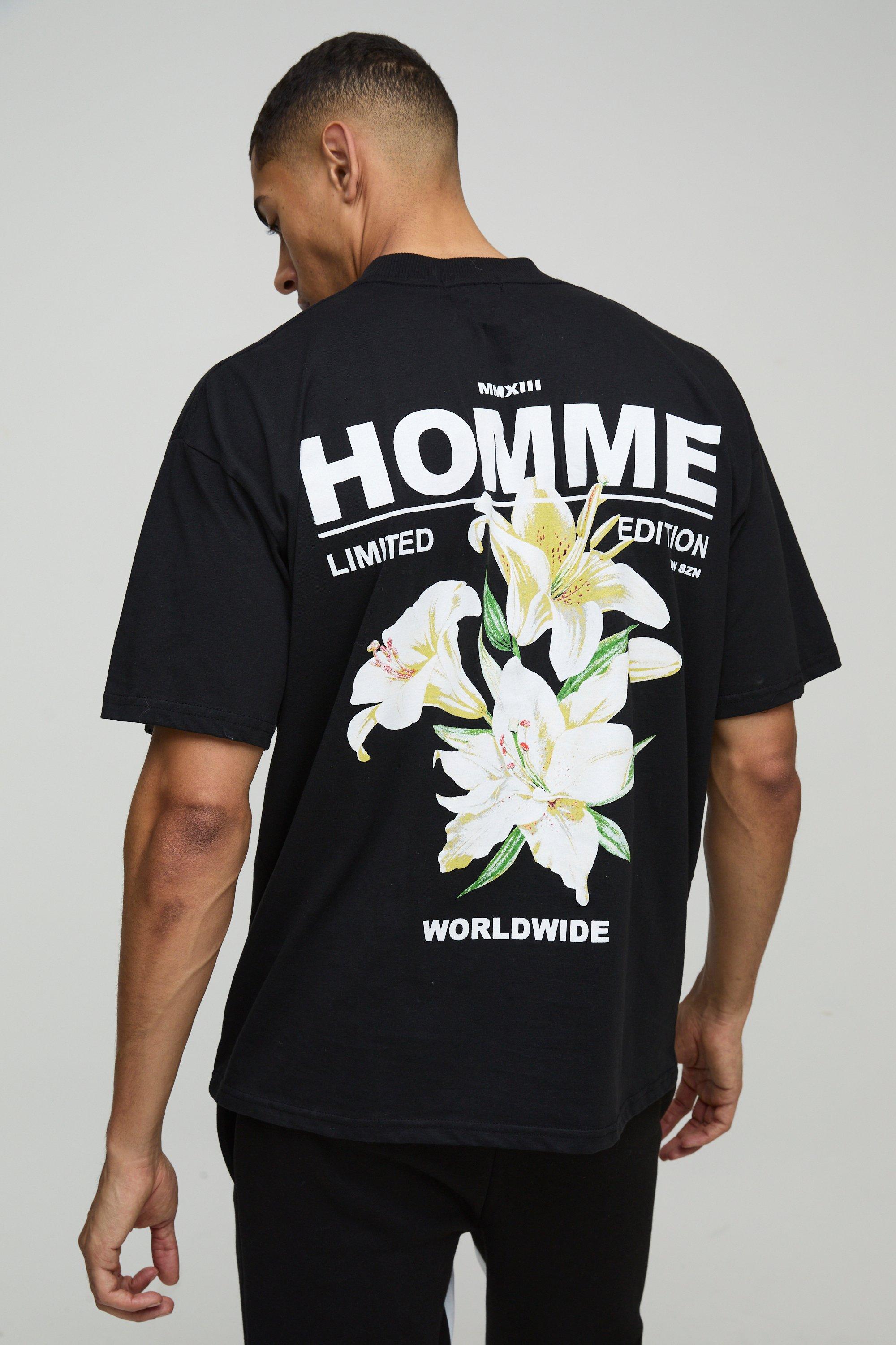 T-shirt oversize Homme con grafica di giglio e girocollo esteso, Nero