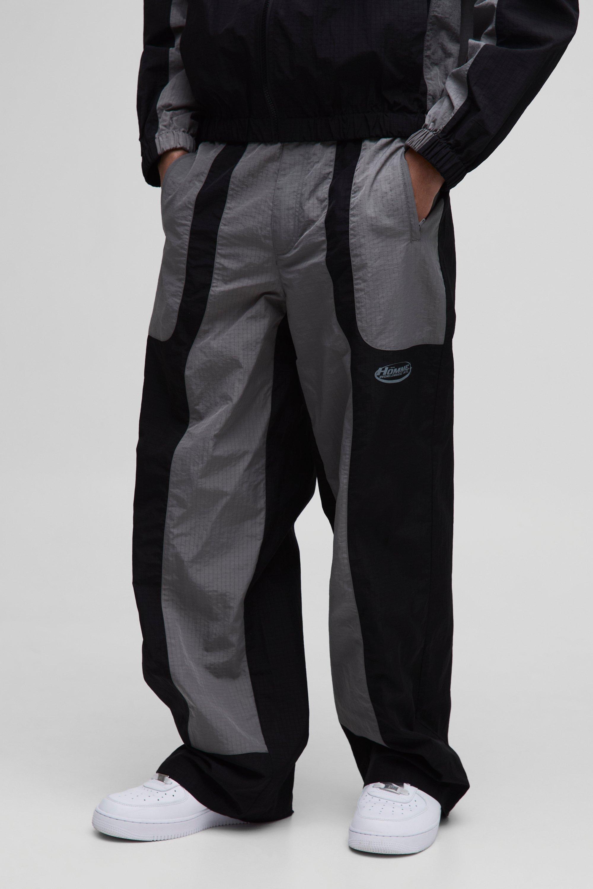 Mens Black Relaxed Ripstop Colour Block Trousers, Black