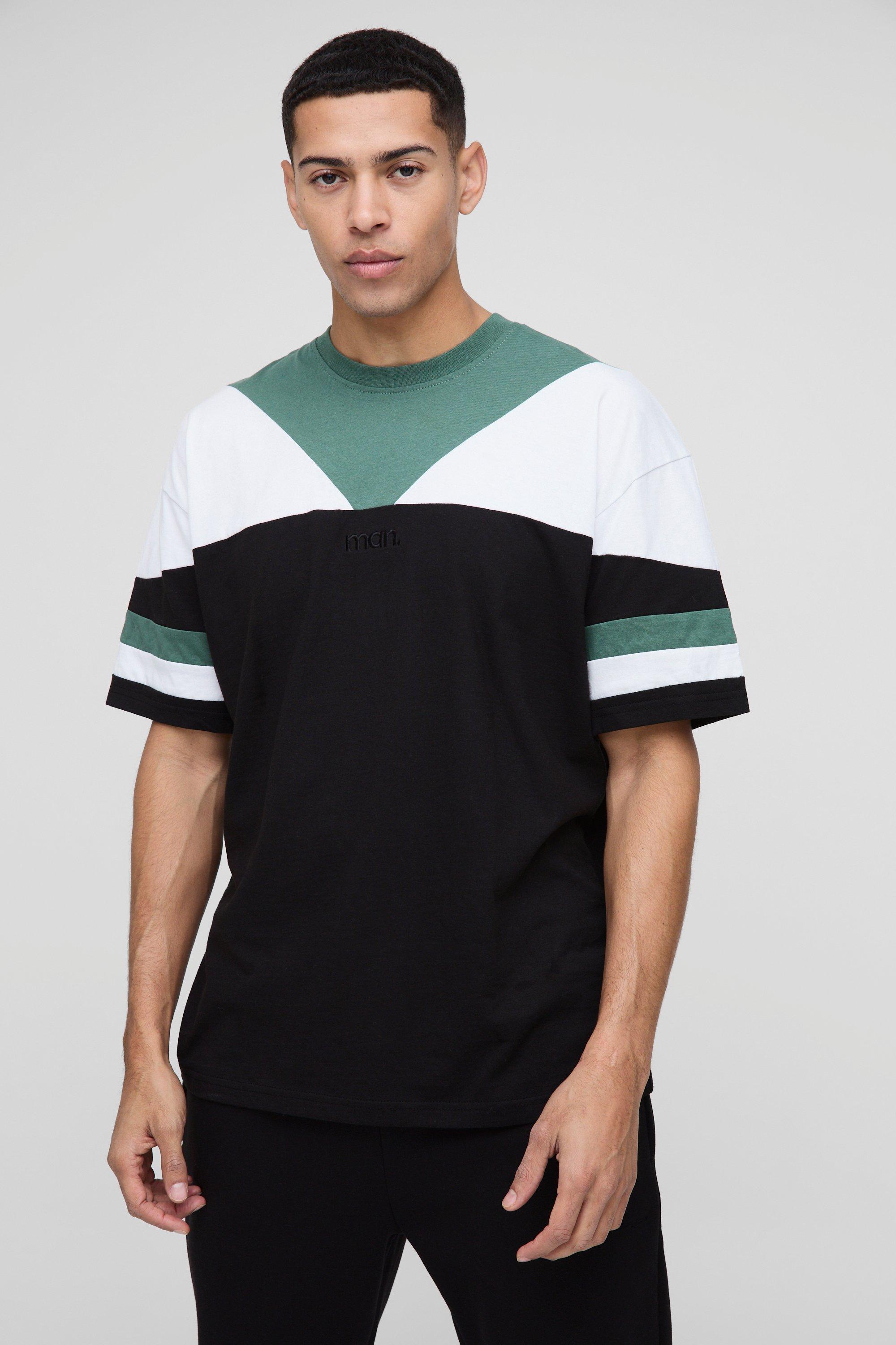 Mens Black Oversized Man Colour Block T-Shirt, Black