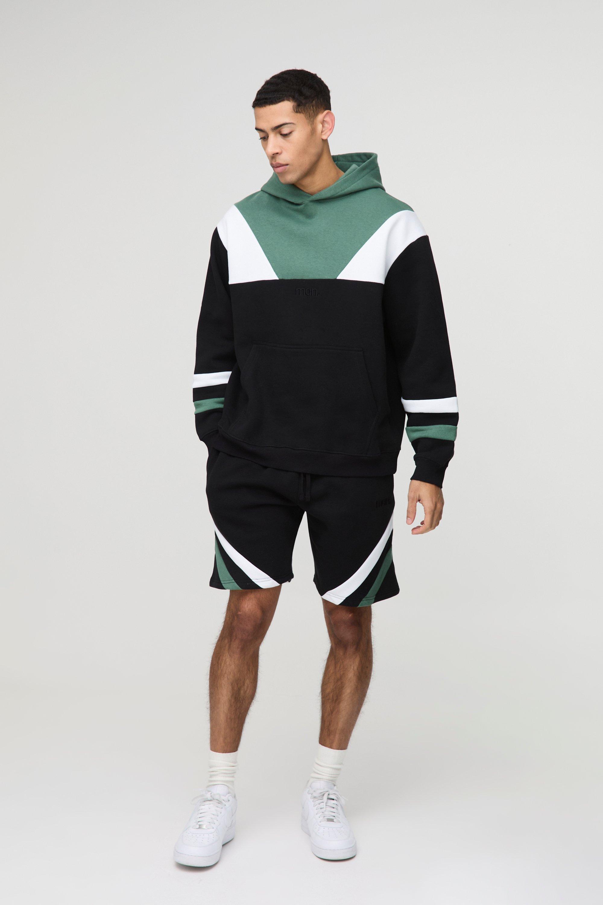 Mens Black Oversized Man Colour Block Short Tracksuit, Black