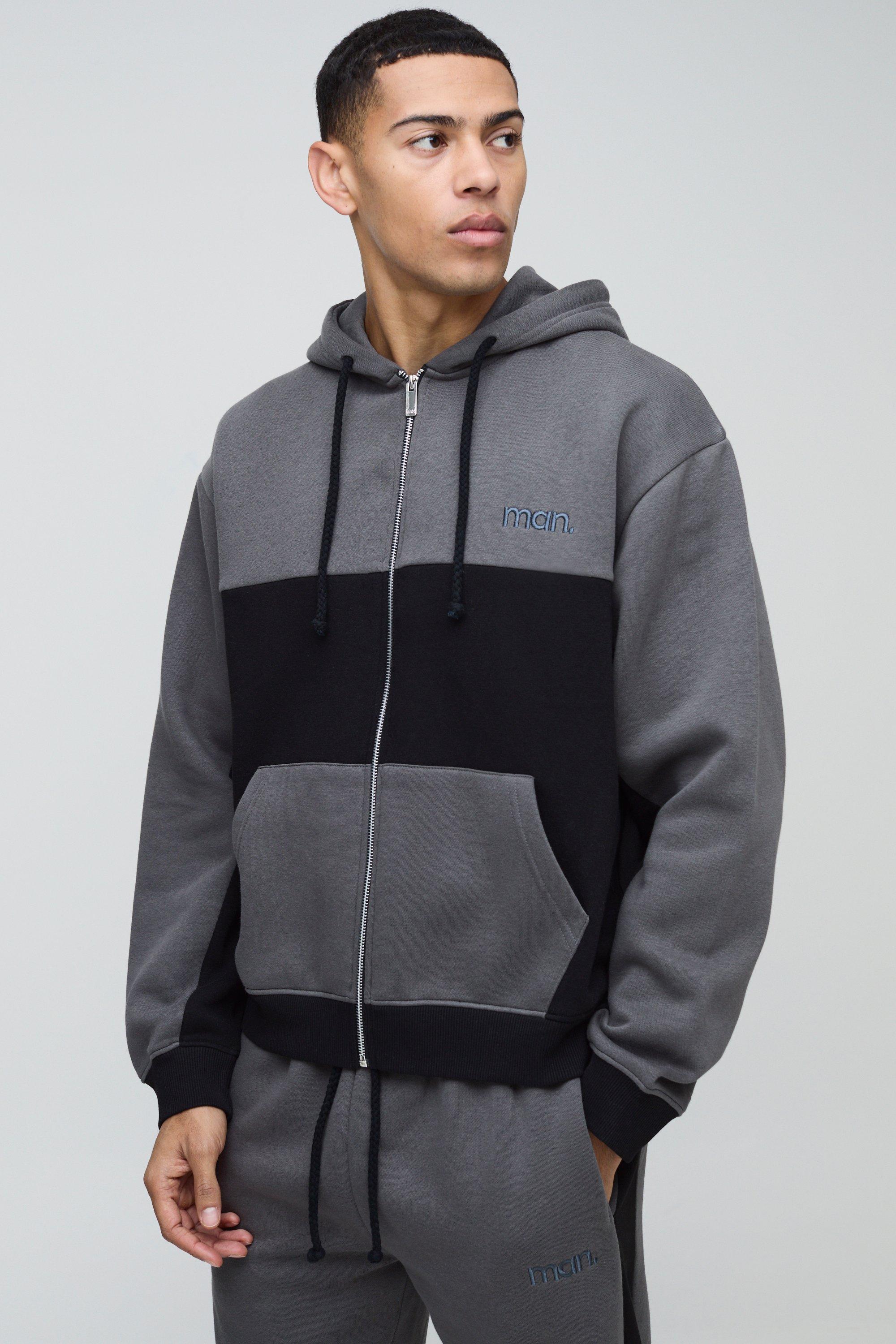 Felpa squadrata oversize Man con pannelli, zip e cappuccio, Nero