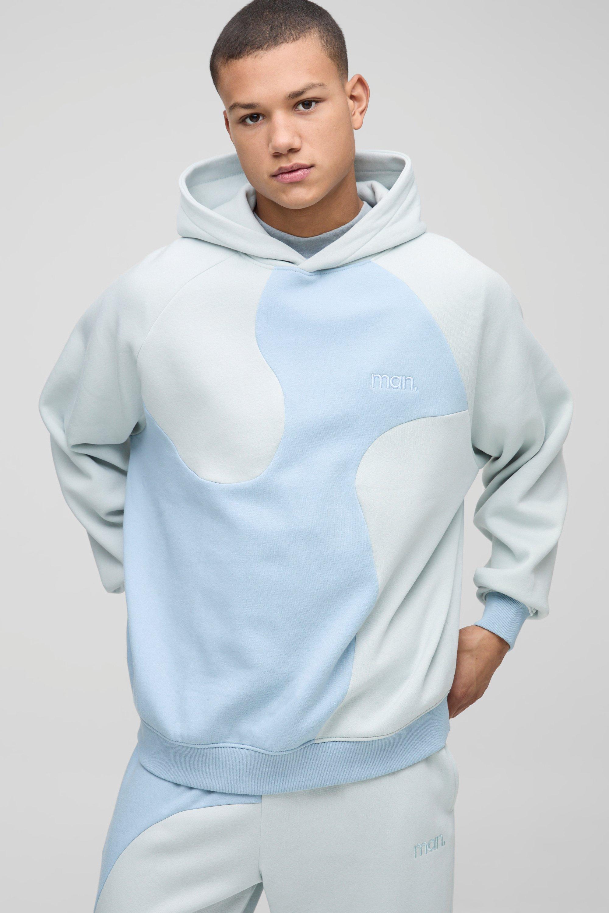 Felpa oversize Man a blocchi di colore con cappuccio curvo, Azzurro
