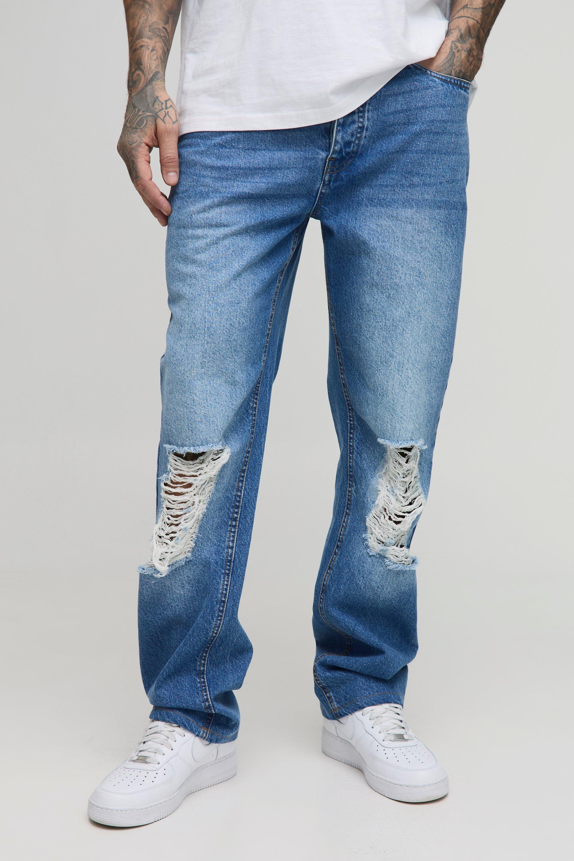 Jeans Dritti Tall In Denim Rigido Con Strappi, Azzurro