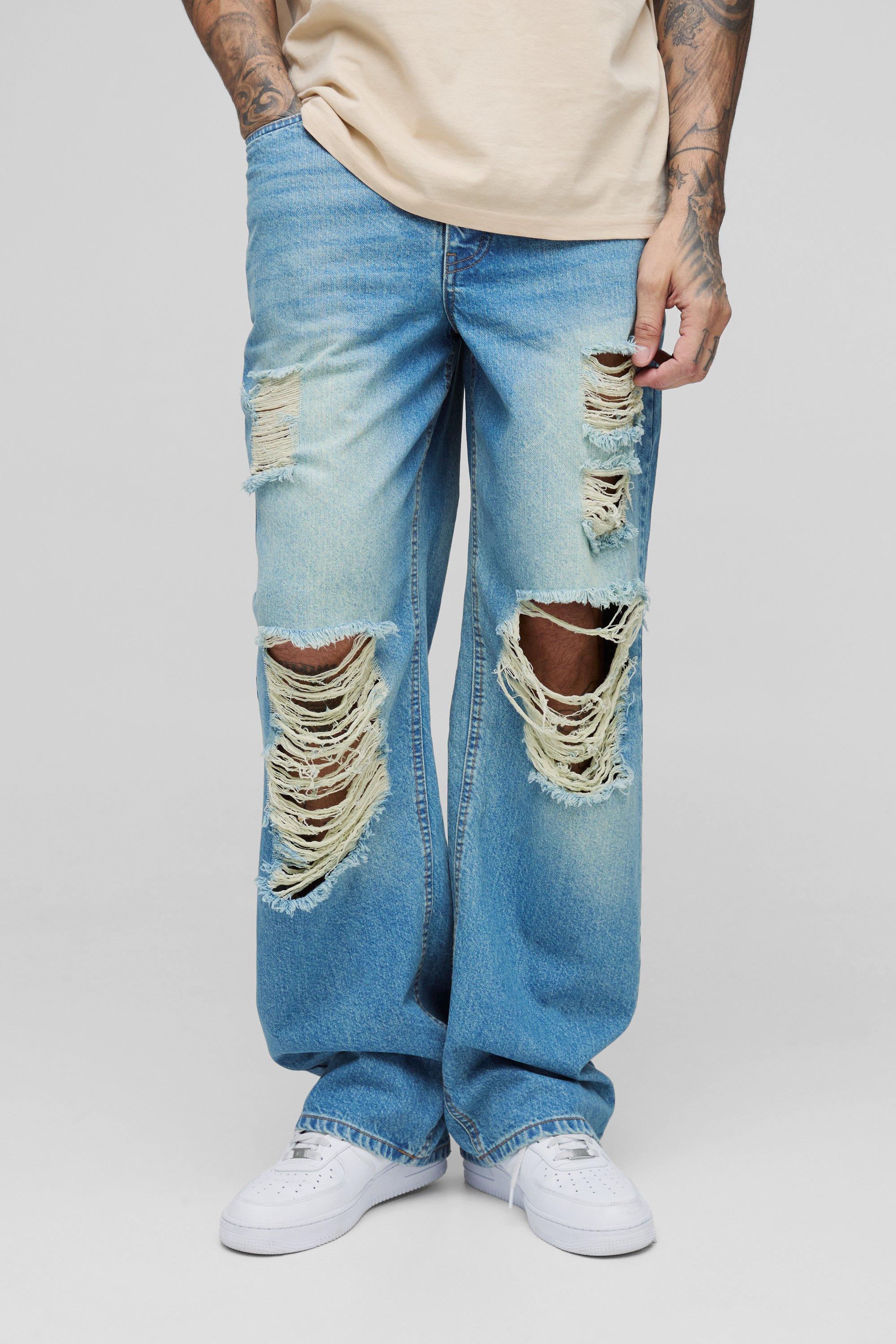 Image of Jeans rilassati Tall in denim rigido con strappi, Azzurro