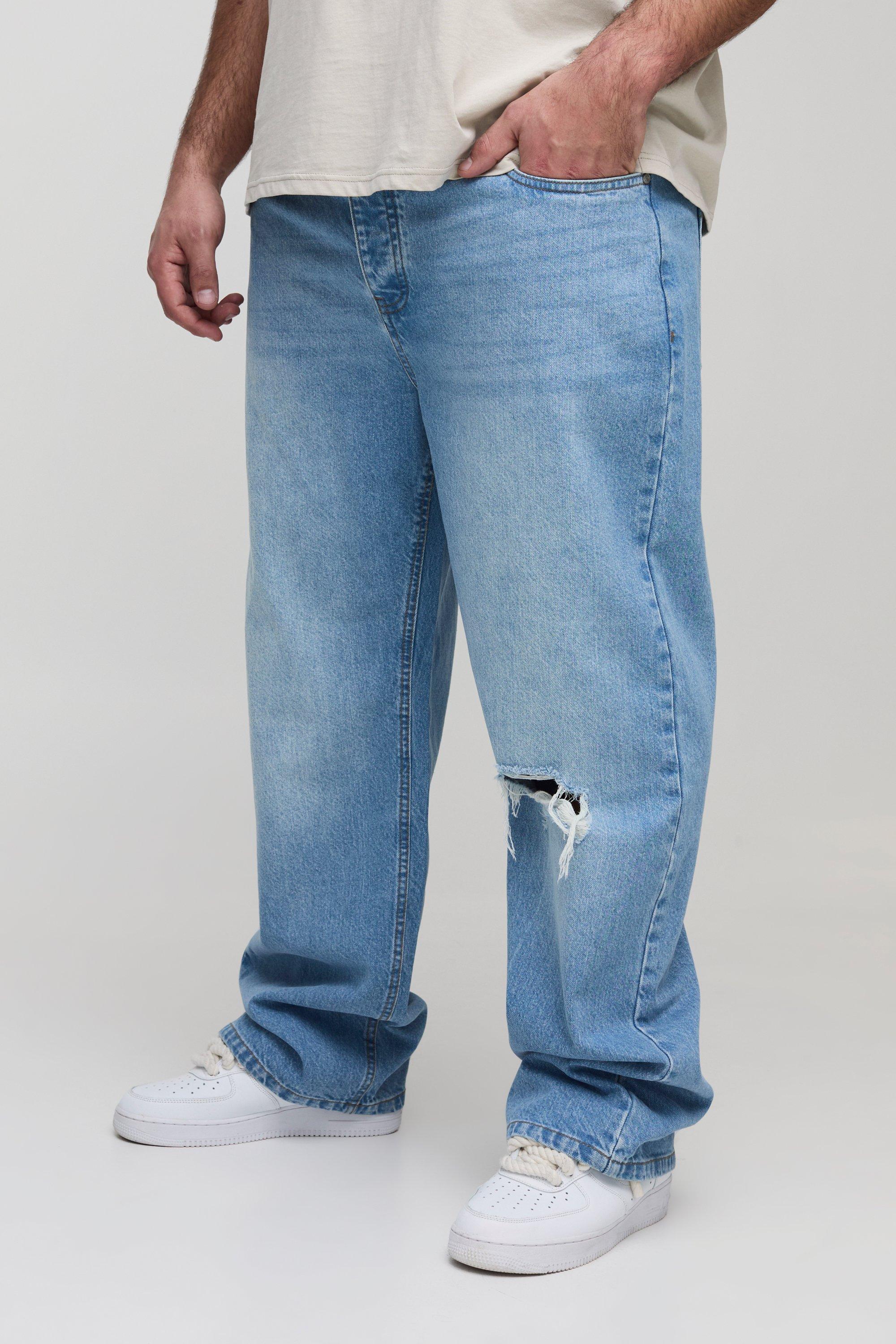 Jeans dritti Plus Size in denim rigido con strappi, Azzurro