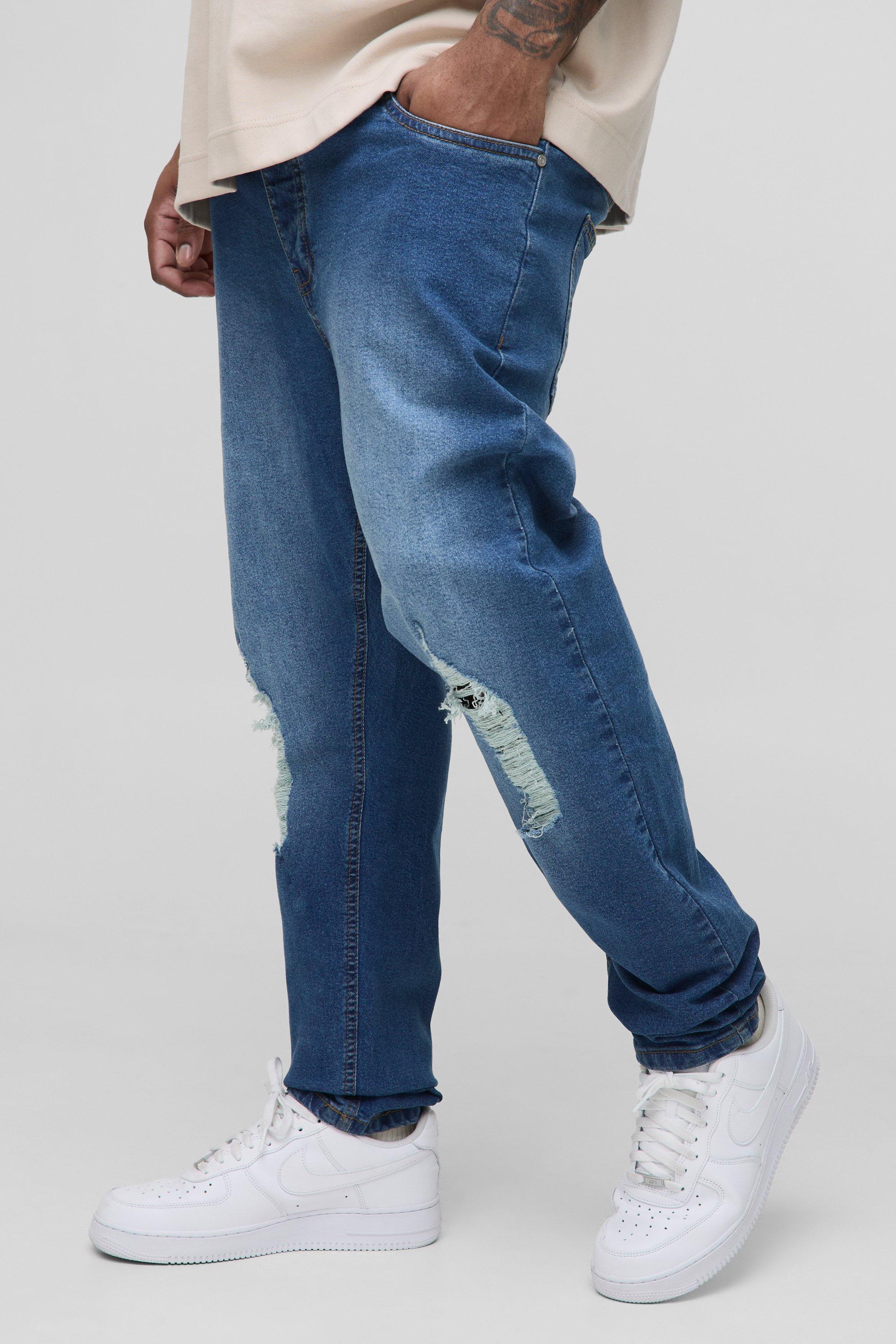 Mens Blue Plus Skinny Ripped Stretch Jeans, Blue