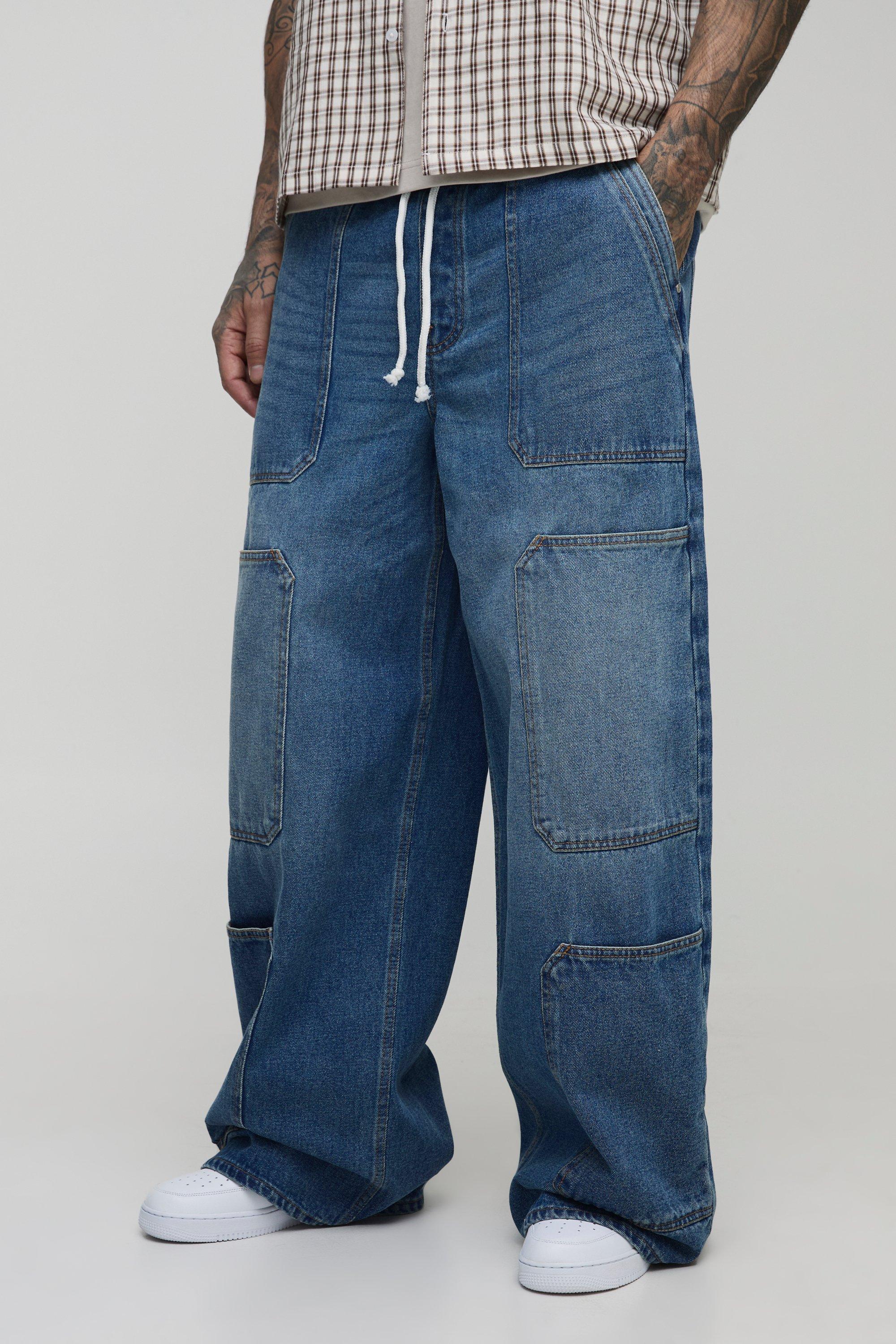 Boohoo Tall Super Baggy Cargo Jeans Met Contrasterende Stiksels En Elastische Taille, Mid Wash