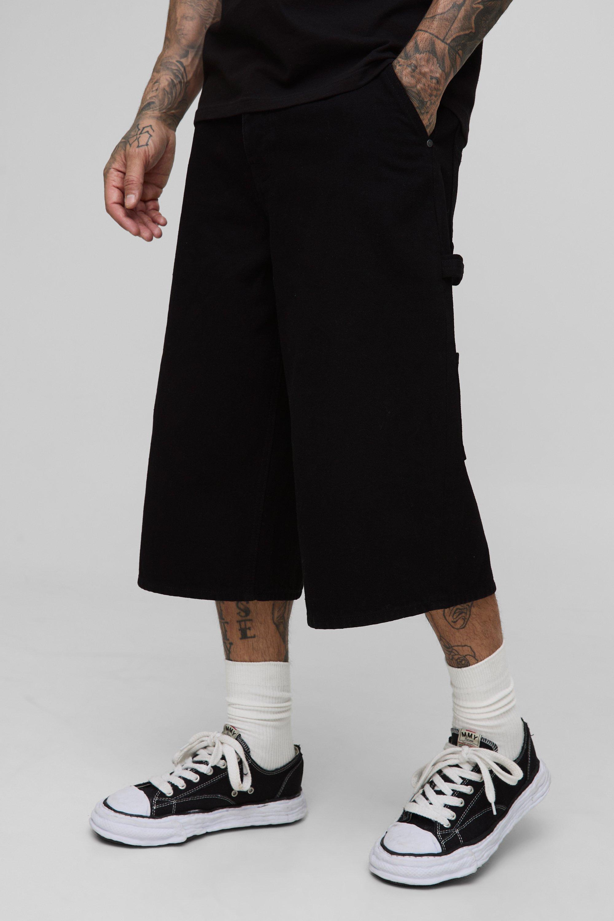 Mens Black Tall Woven Tab Overdye Carpenter Longline Jorts, Black