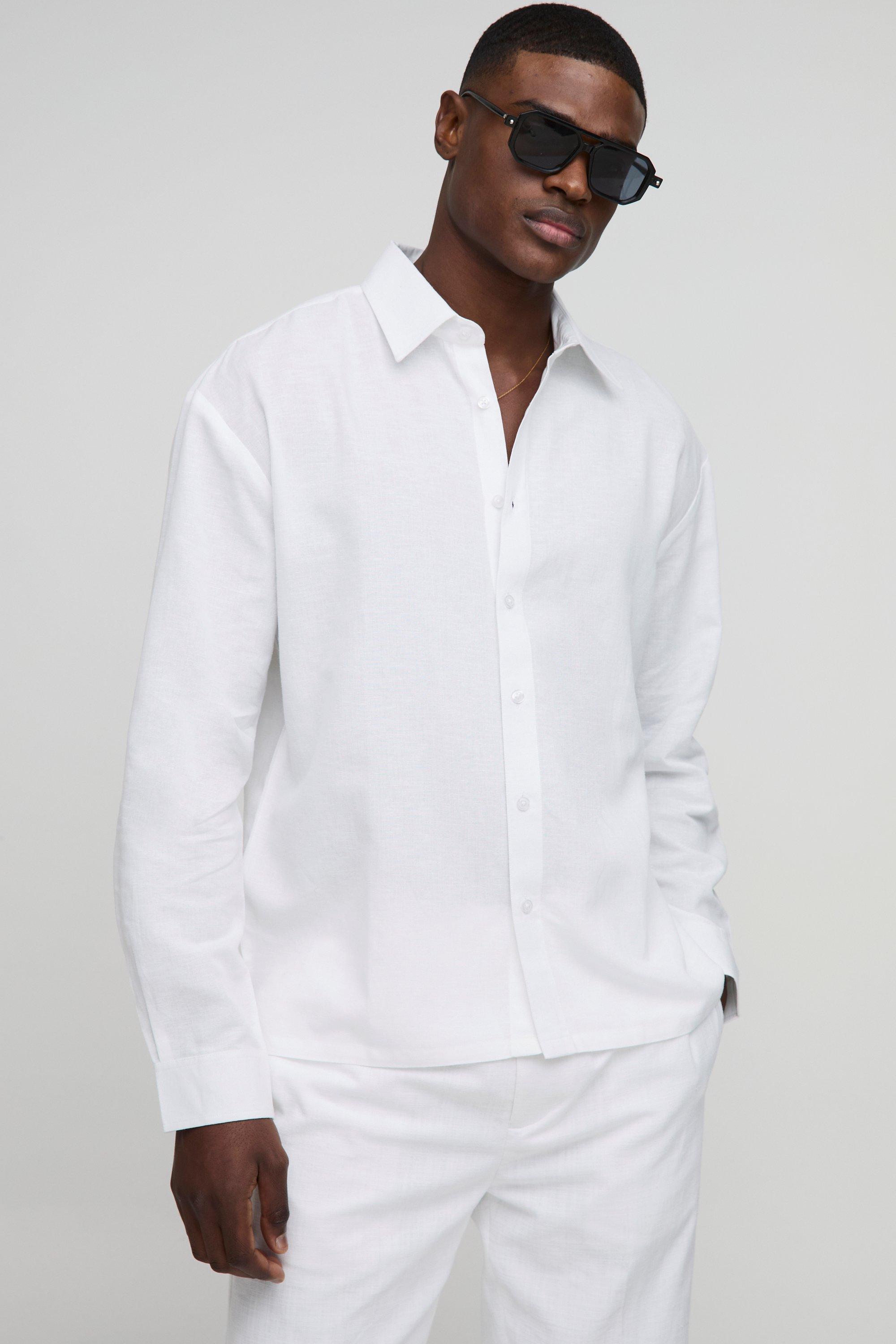 Camicia oversize a maniche lunghe in lino con colletto, Bianco