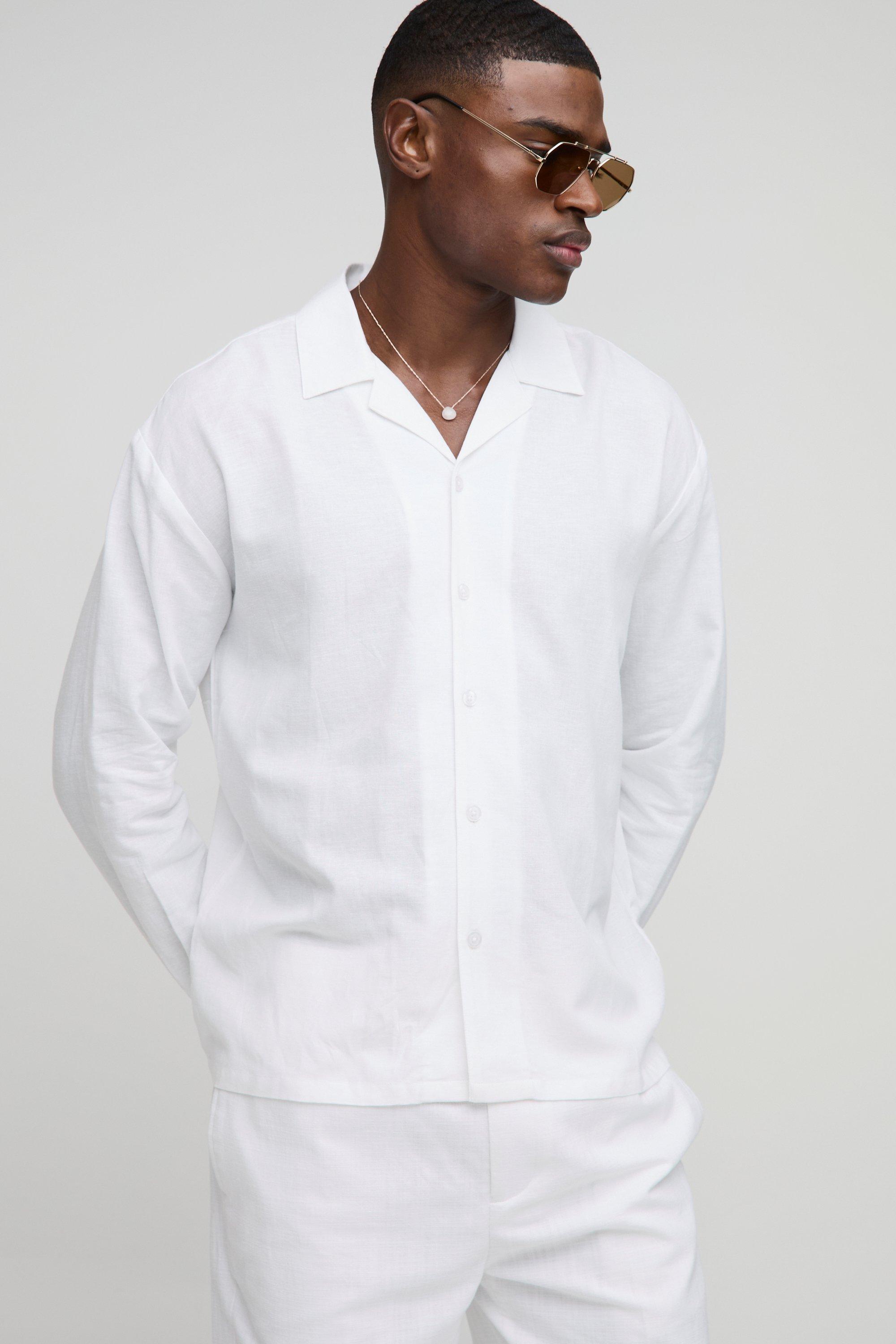 Mens White Oversized Long Sleeve Revere Linen Blend Shirt, White