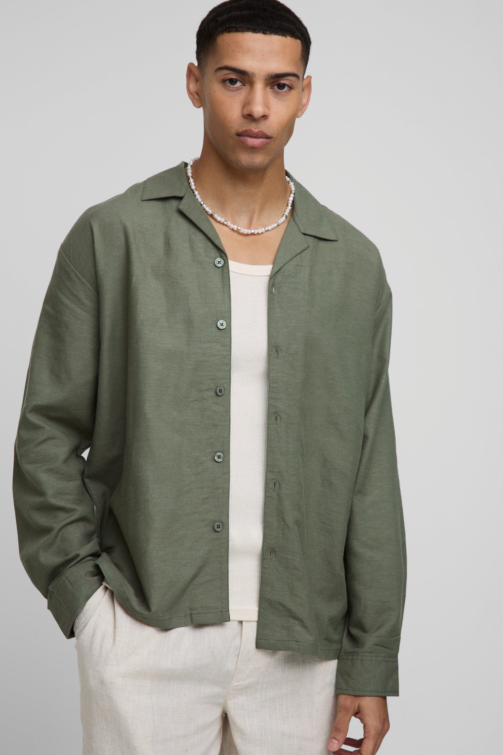 Mens Green Oversized Long Sleeve Revere Linen Shirt, Green