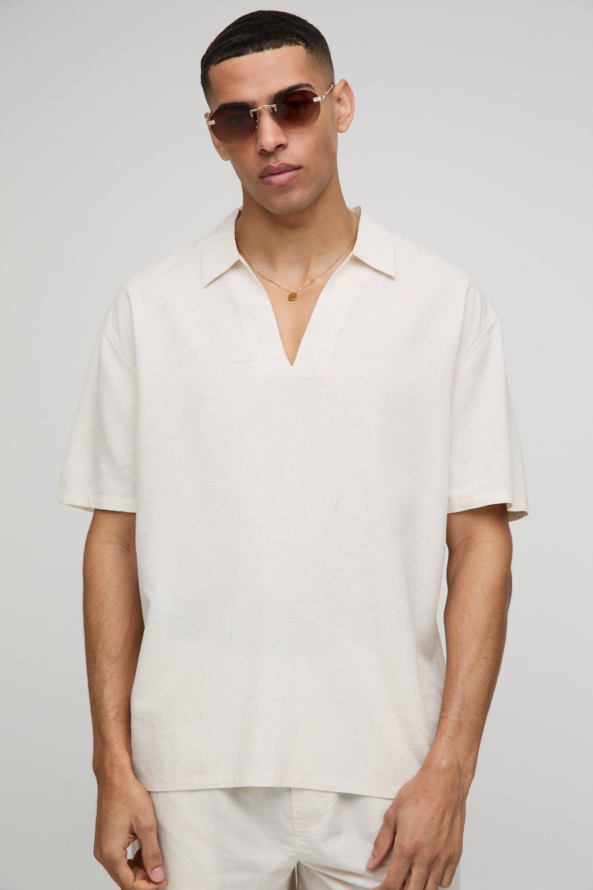 Camicia oversize in lino con scollo a V e cappuccio oversize, Beige