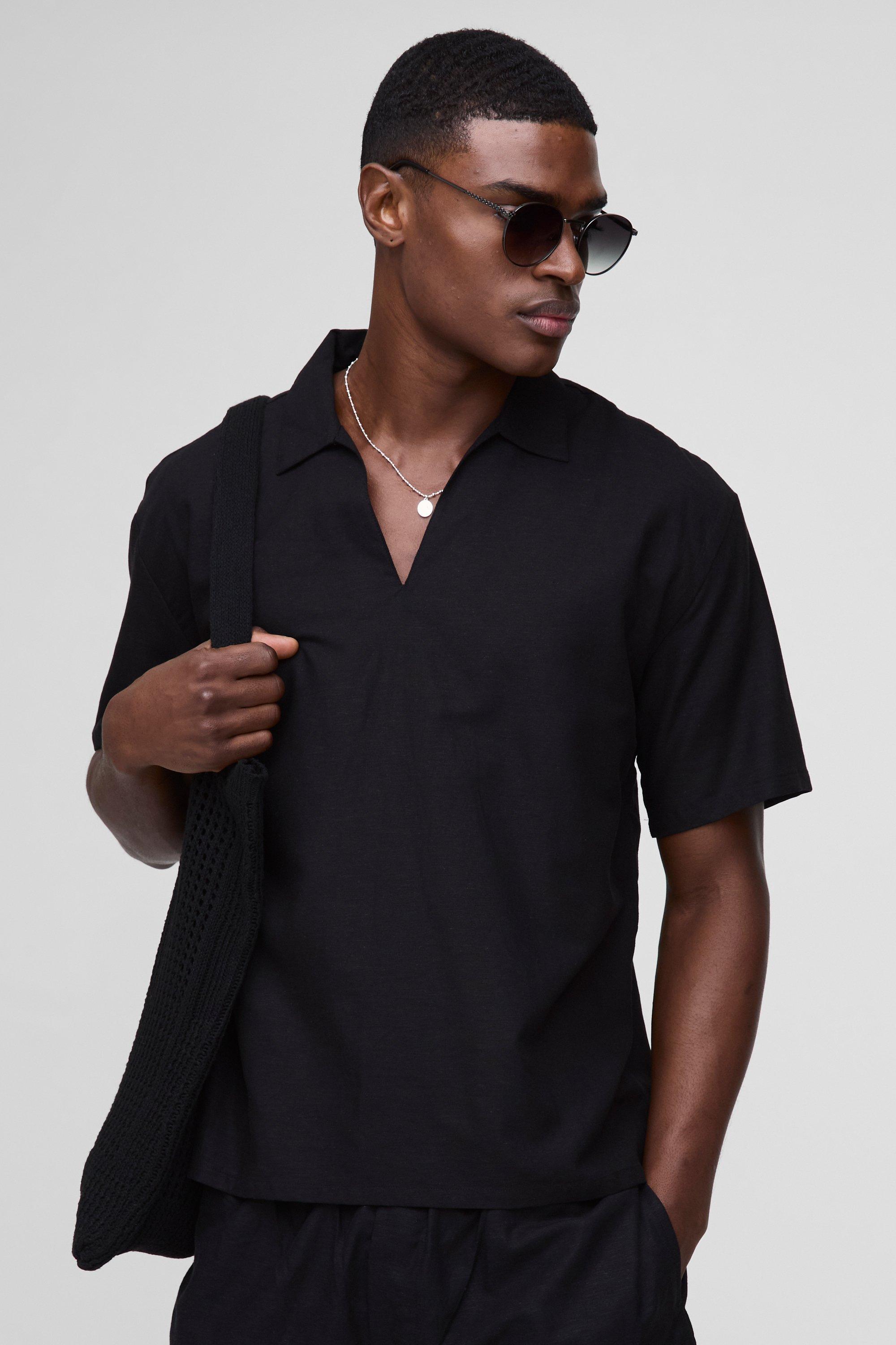 Camicia oversize in lino con scollo a V e cappuccio oversize, Nero