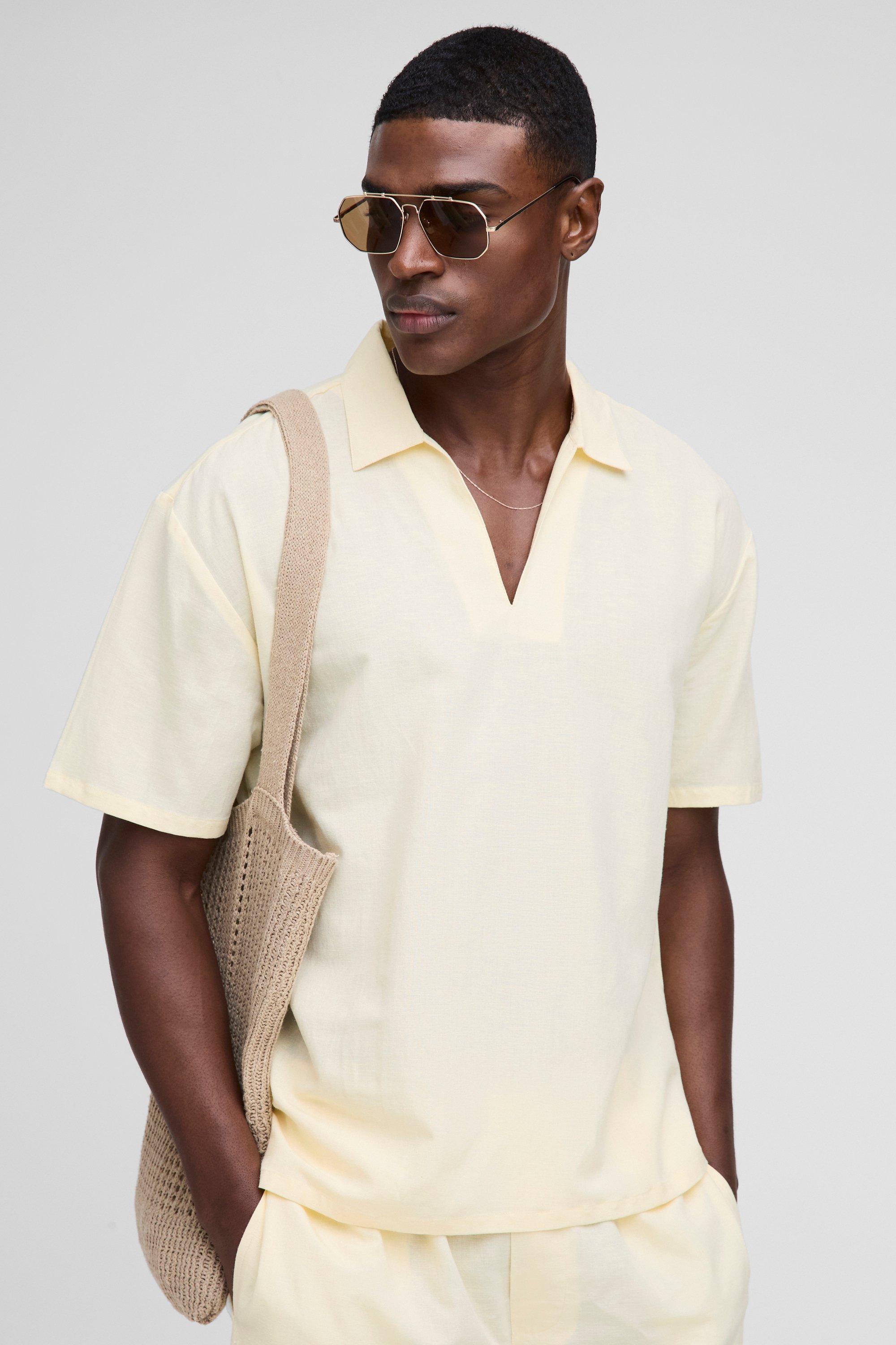 Camicia oversize in lino con scollo a V e cappuccio oversize, Giallo
