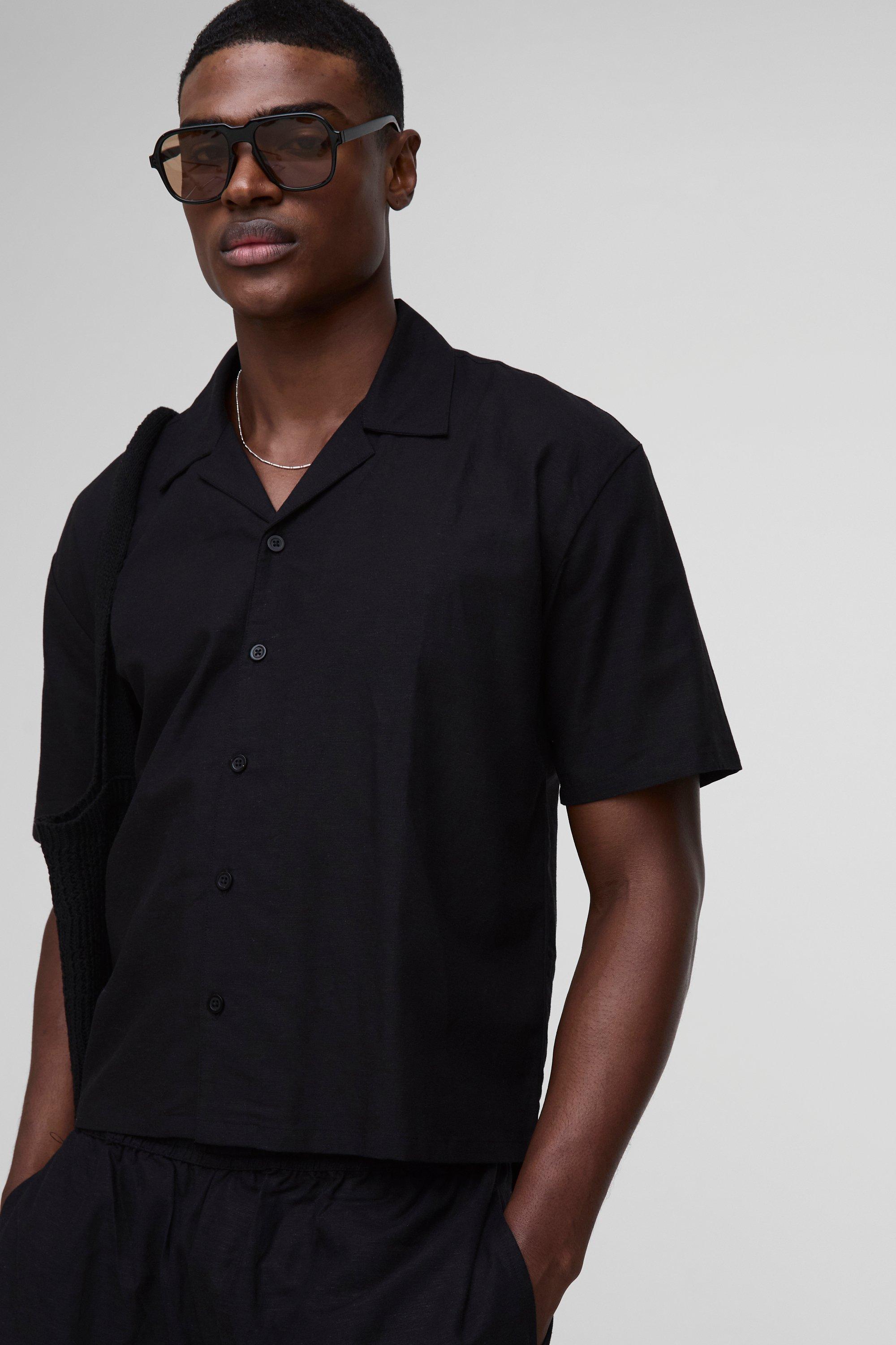 Camicia oversize a maniche corte in lino con rever, Nero