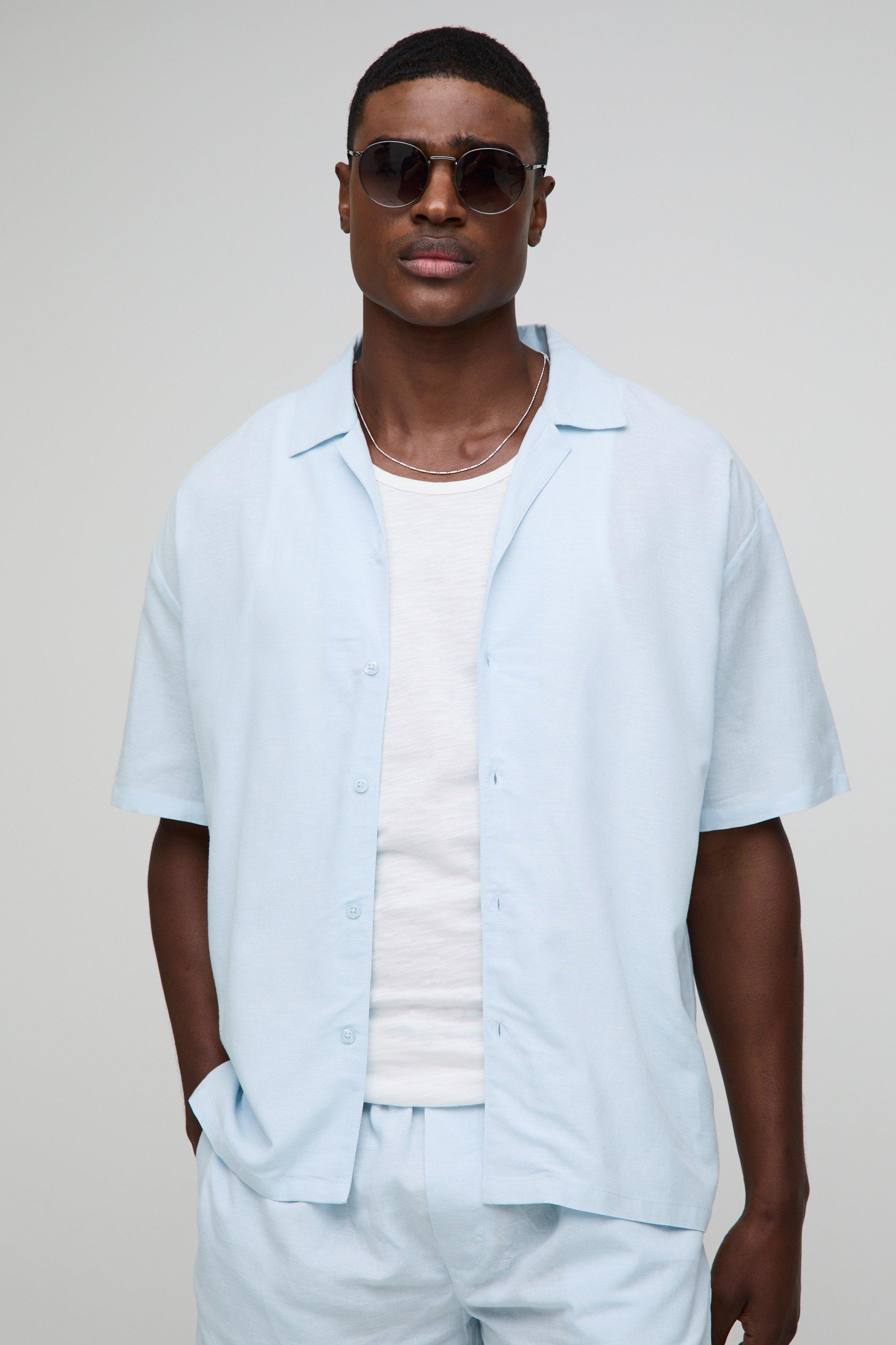 Camicia oversize a maniche corte in lino con rever, Azzurro