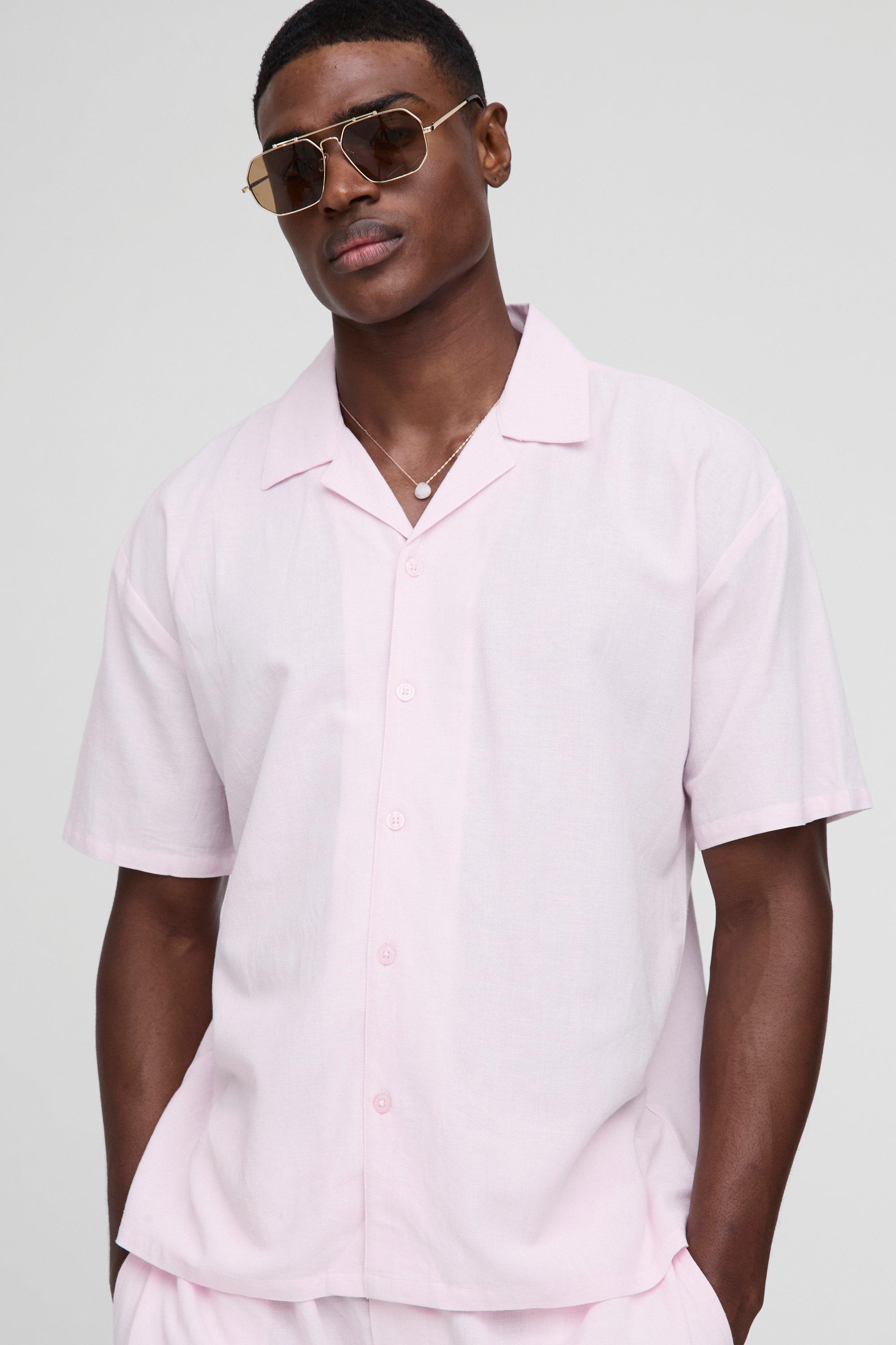 Mens Pink Oversized Revere Linen Short Sleeve Shirt, Pink
