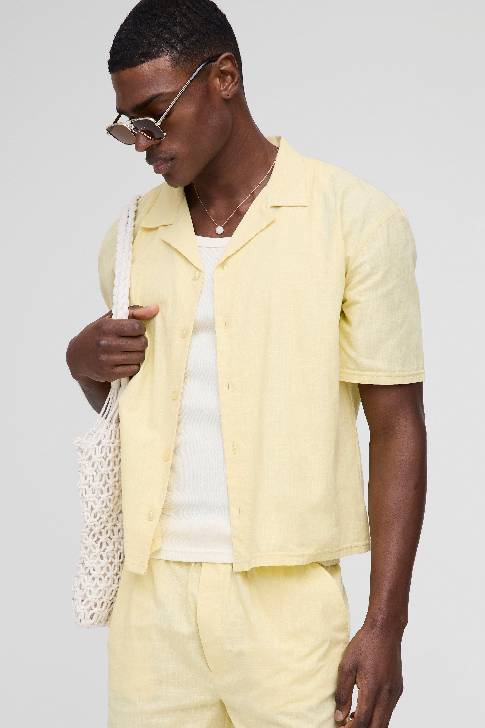 Camicia oversize a maniche corte in lino con rever, Giallo