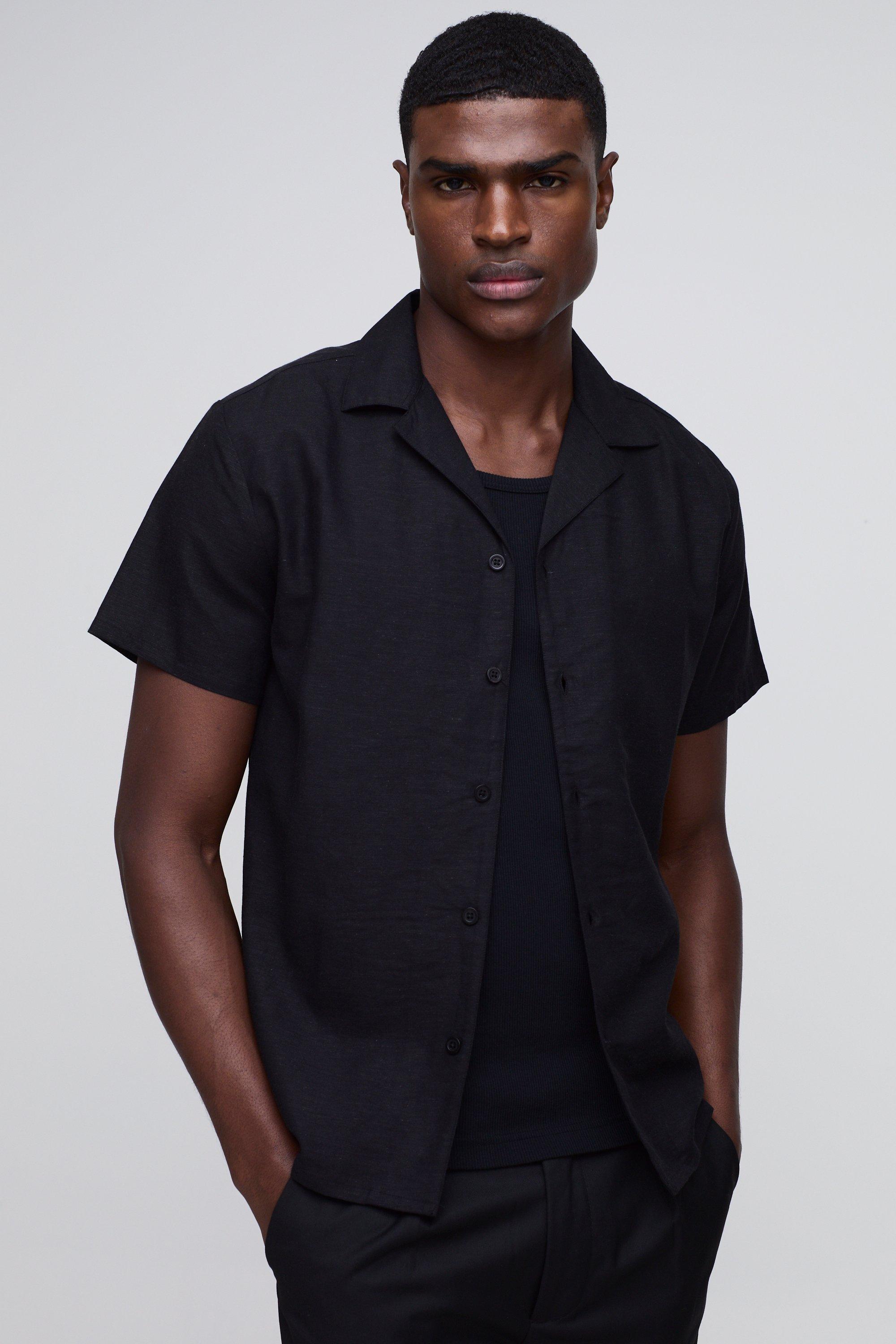 Camicia Regular Fit a maniche corte in lino con rever, Nero