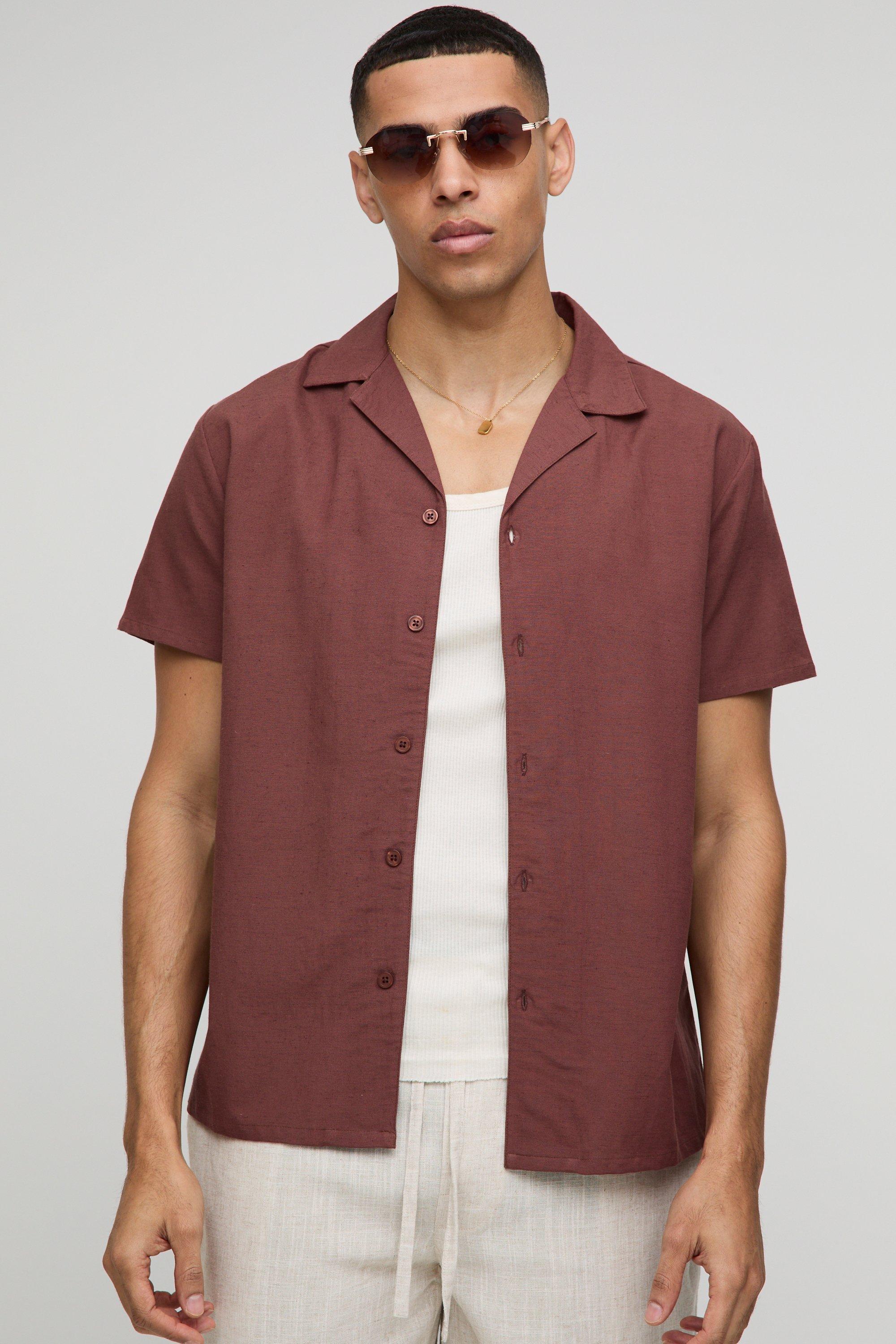 Mens Brown Regular Fit Revere Linen Blend Short Sleeve Shirt, Brown