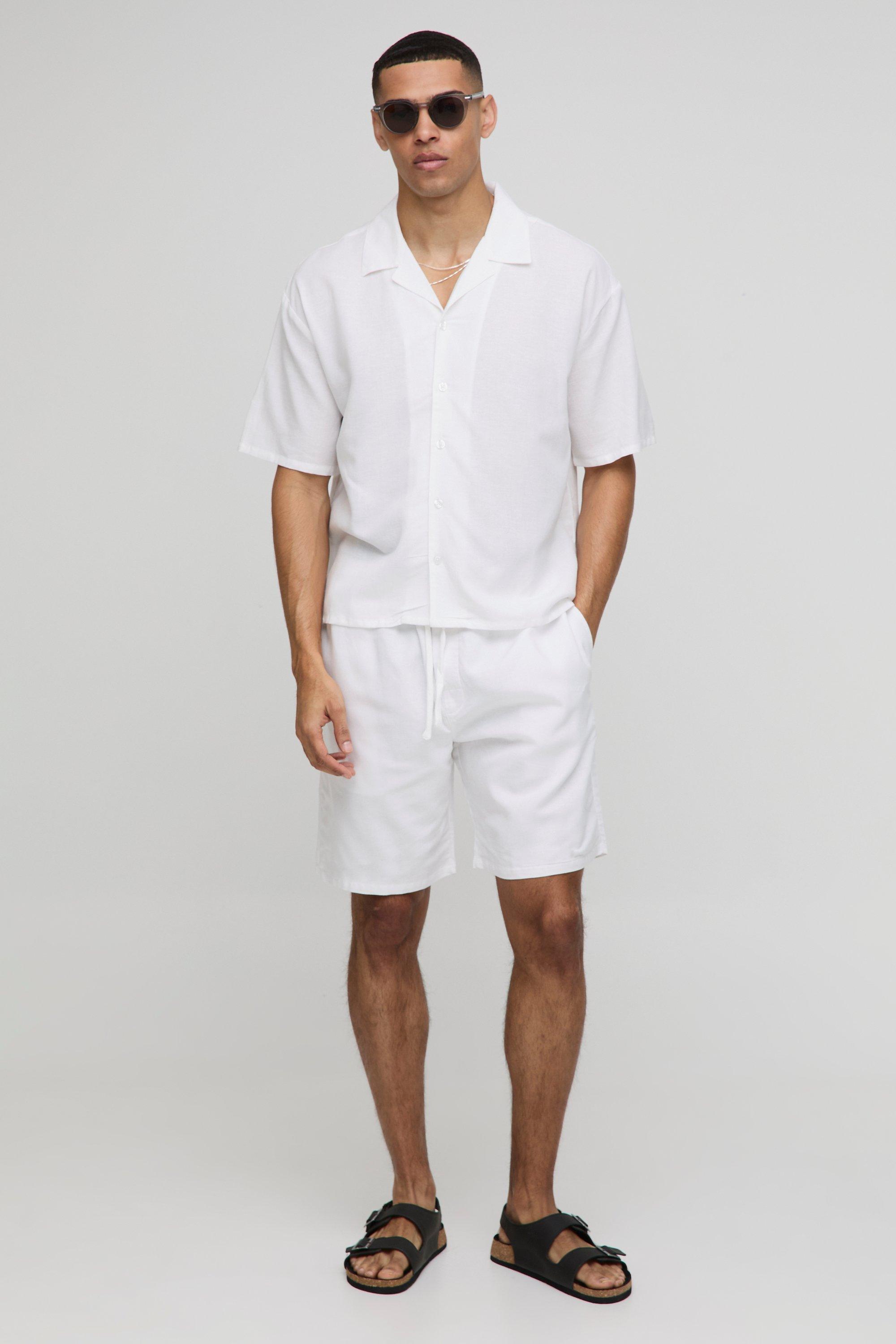 Set camicia oversize in lino con rever & pantaloncini, Bianco