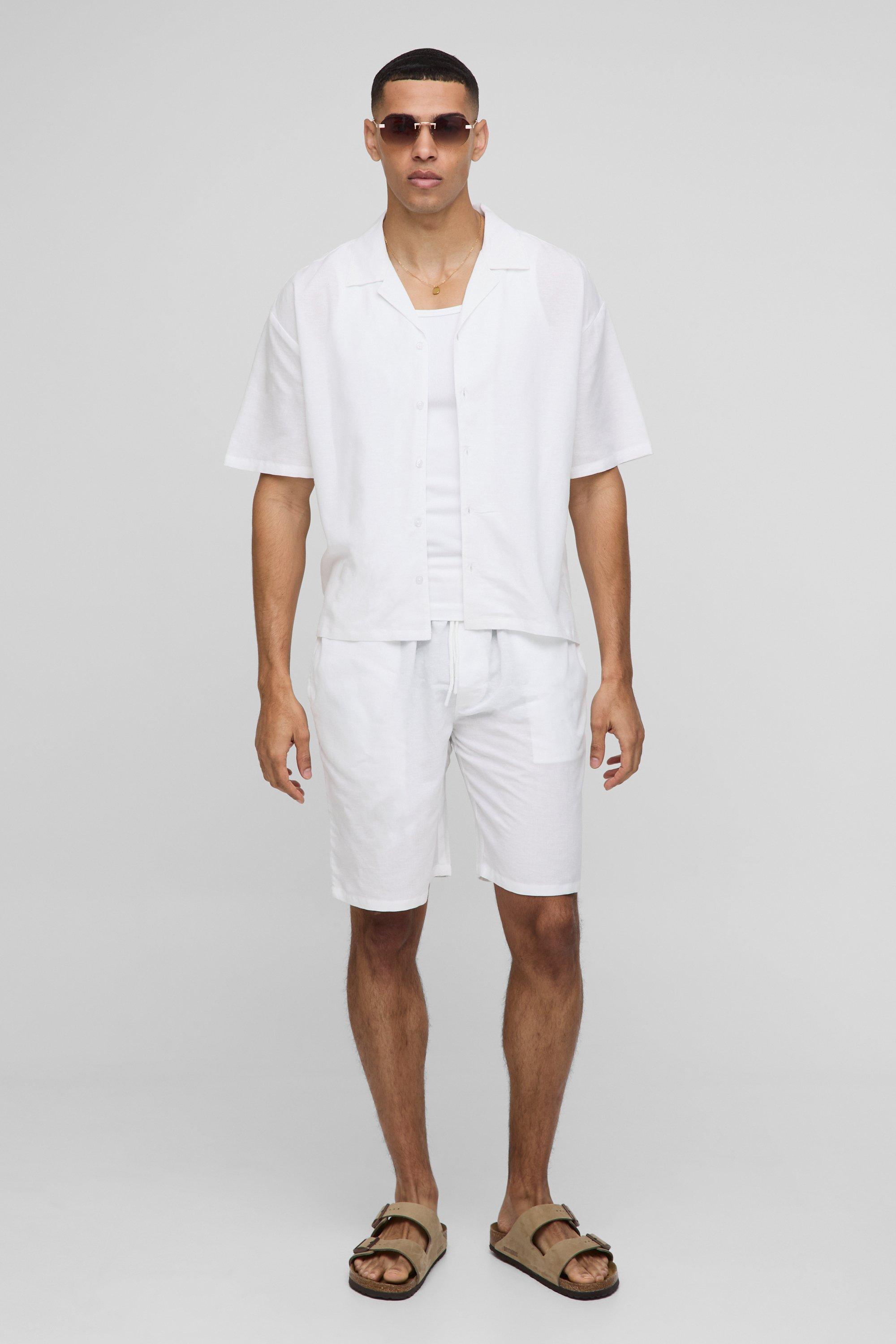 Mens White Oversized Boxy Revere Linen Blend Shirt & Short Set, White