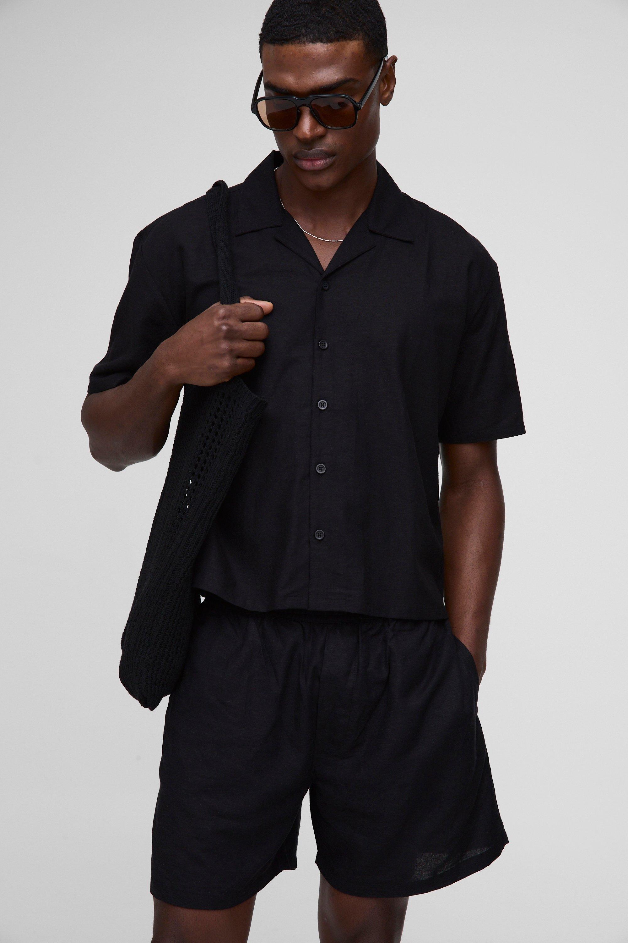 Set camicia squadrata oversize in lino con rever & pantaloncini, Nero