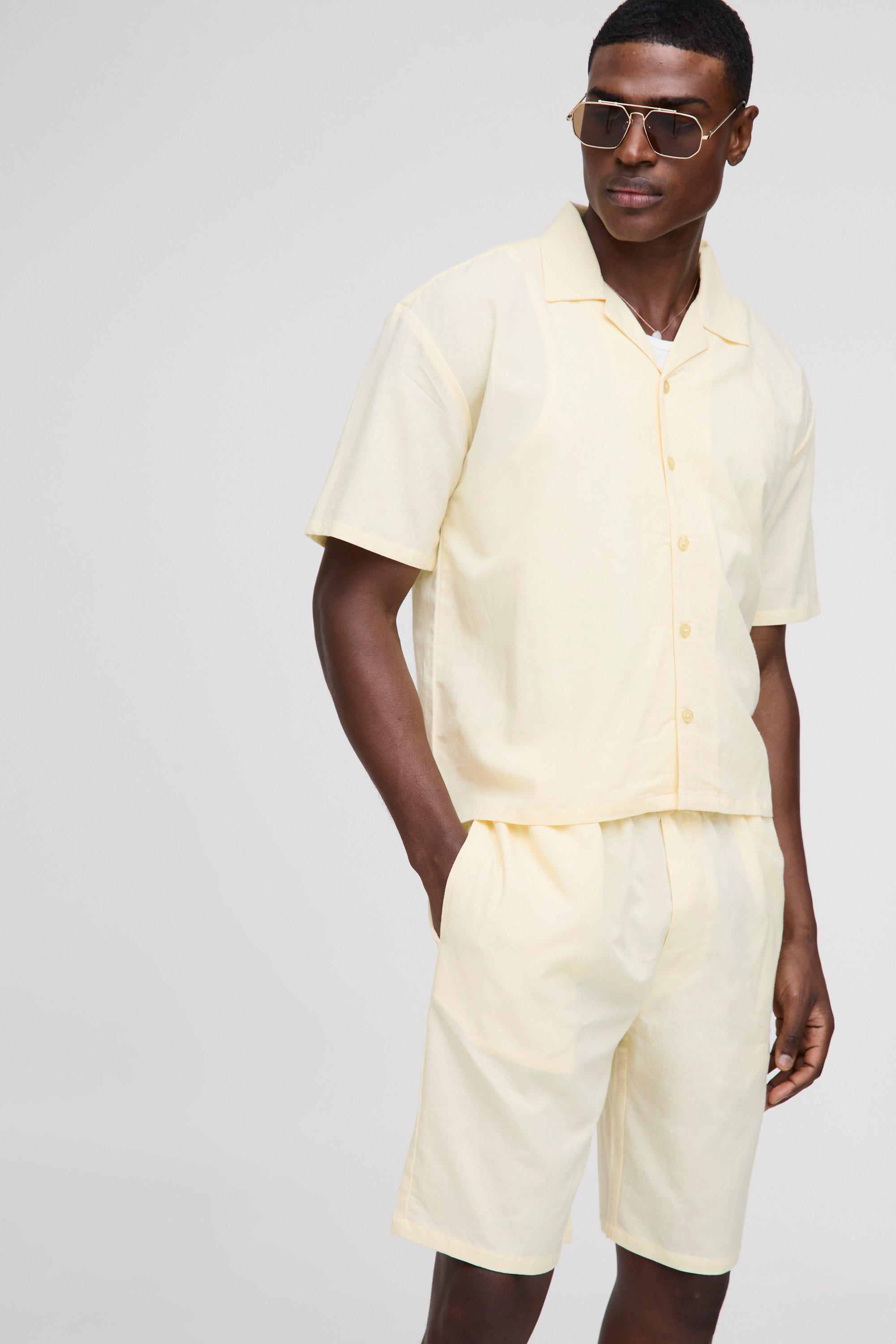 Mens Yellow Oversized Boxy Revere Linen Blend Shirt & Short Set, Yellow