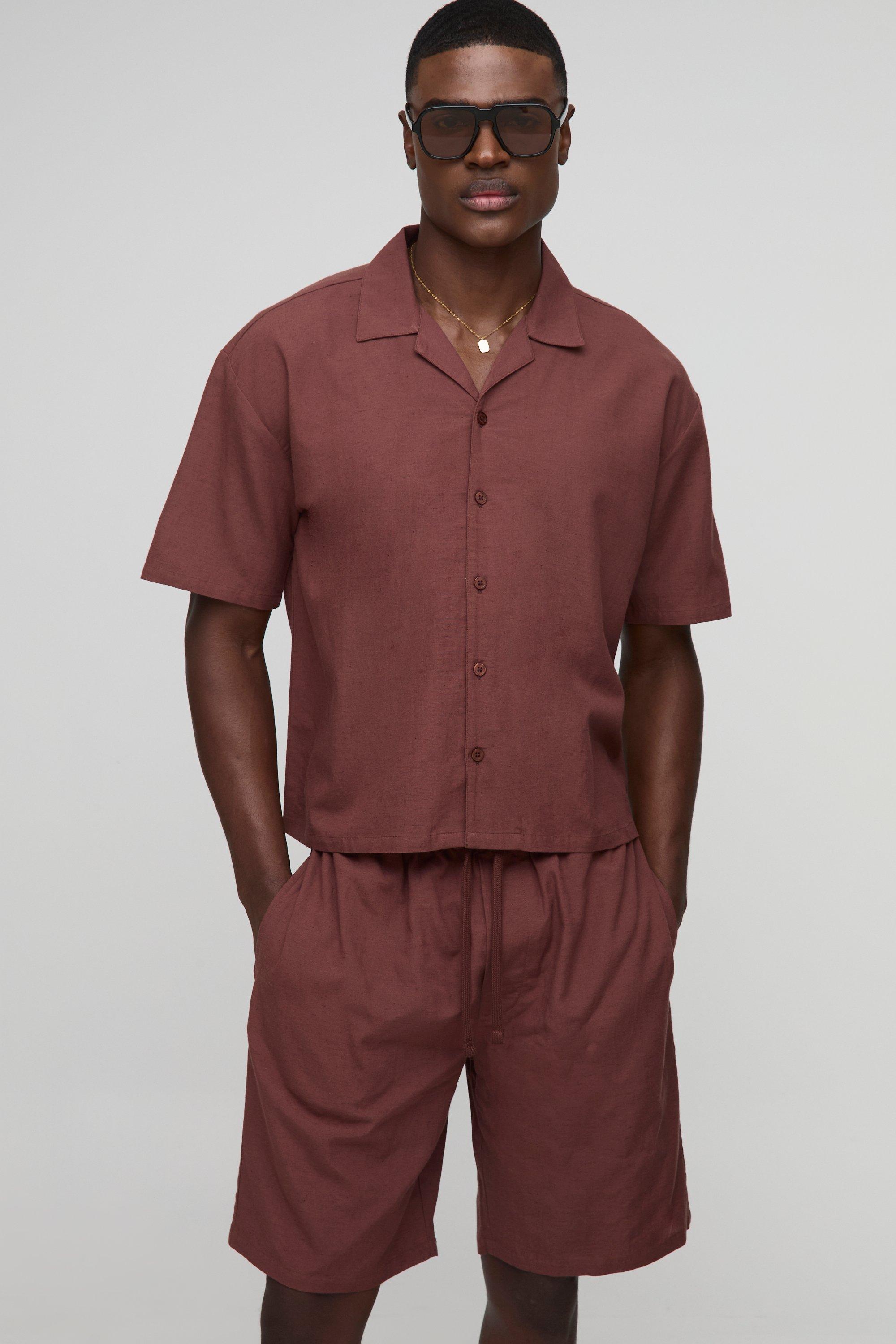 Set camicia squadrata oversize in lino con rever & pantaloncini, Brown