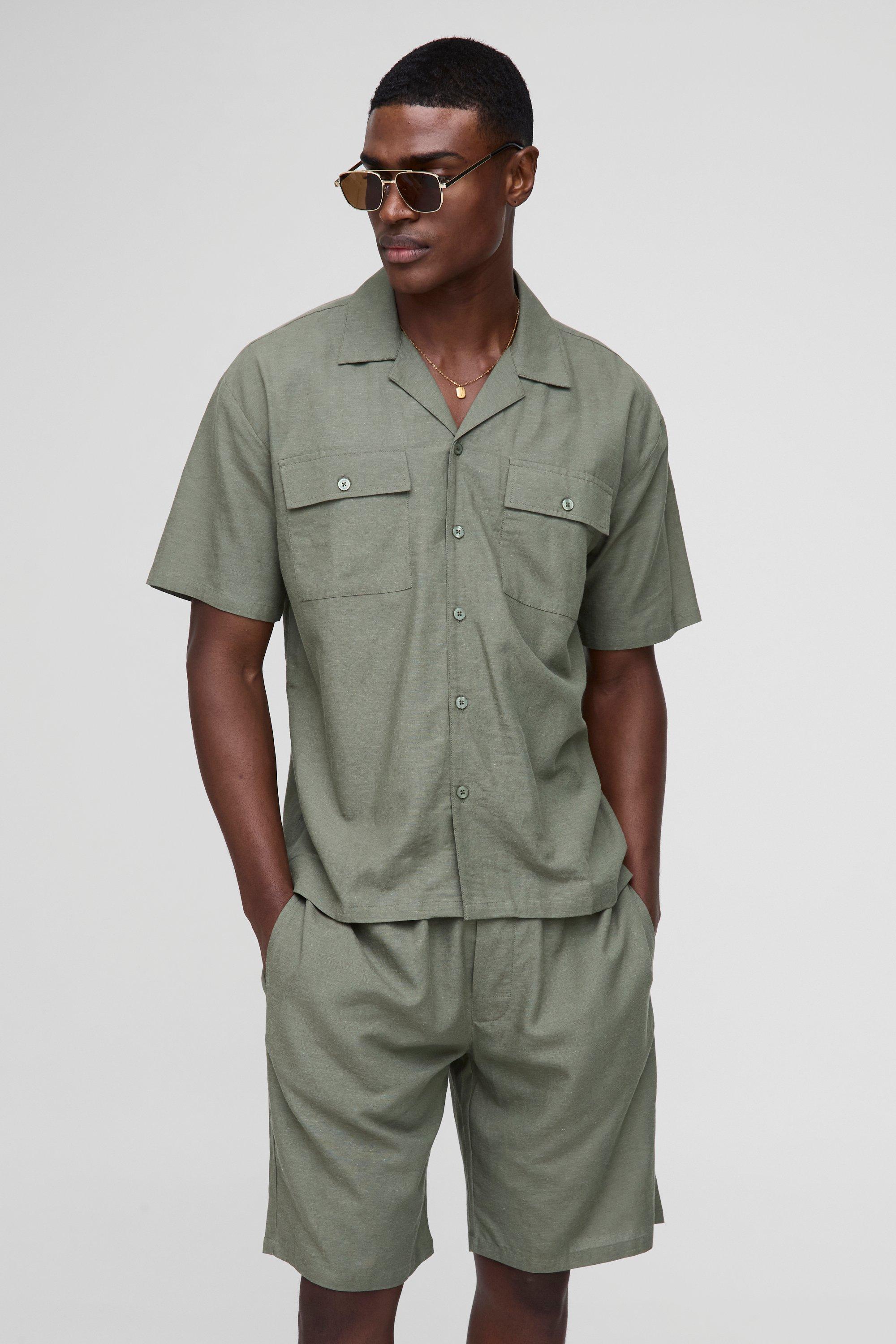 Mens Green Oversized Linen Blend Look Cargo Pocket Shirt & Short Set, Green