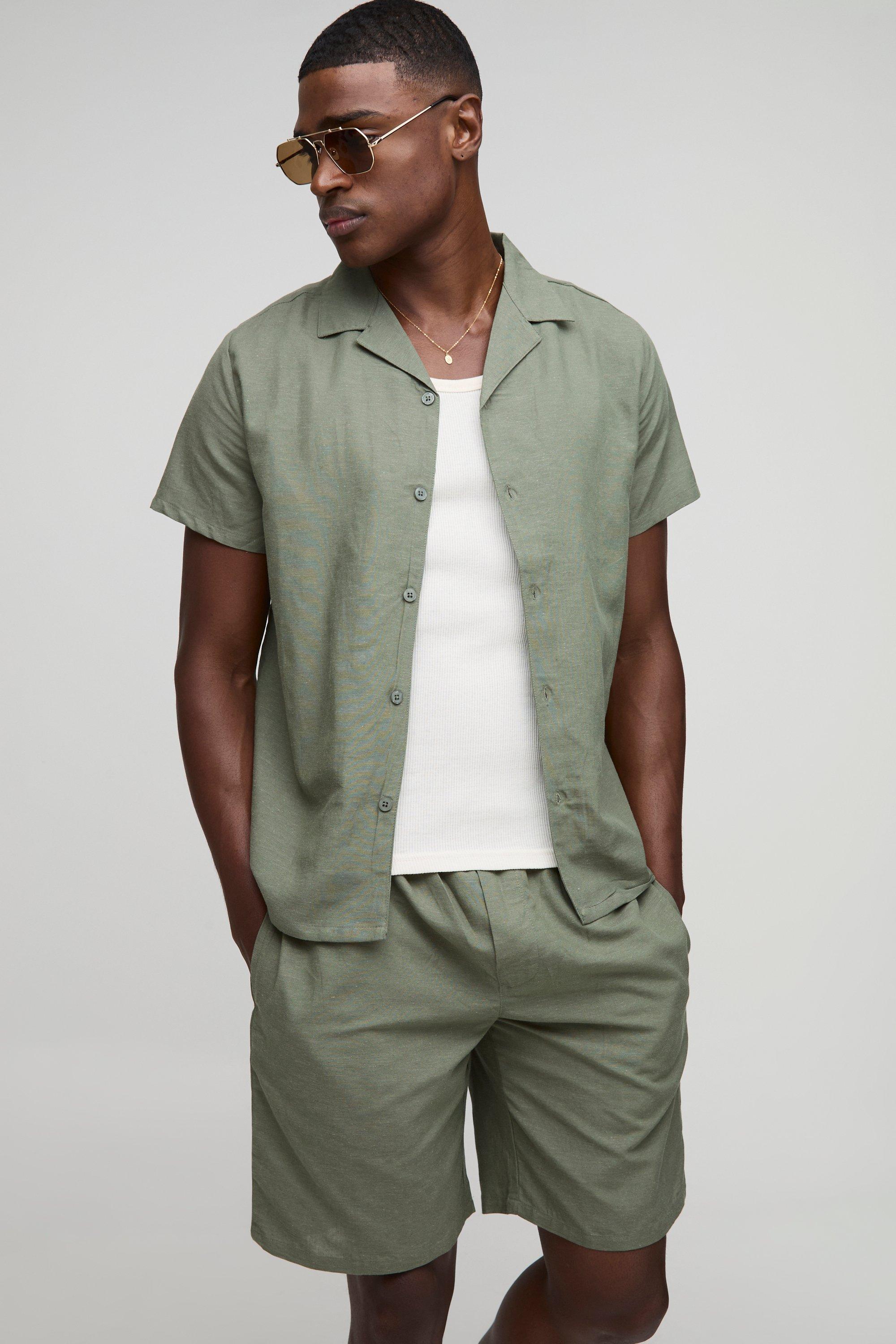 Mens Green Regular Revere Linen Blend Shirt & Short Set, Green