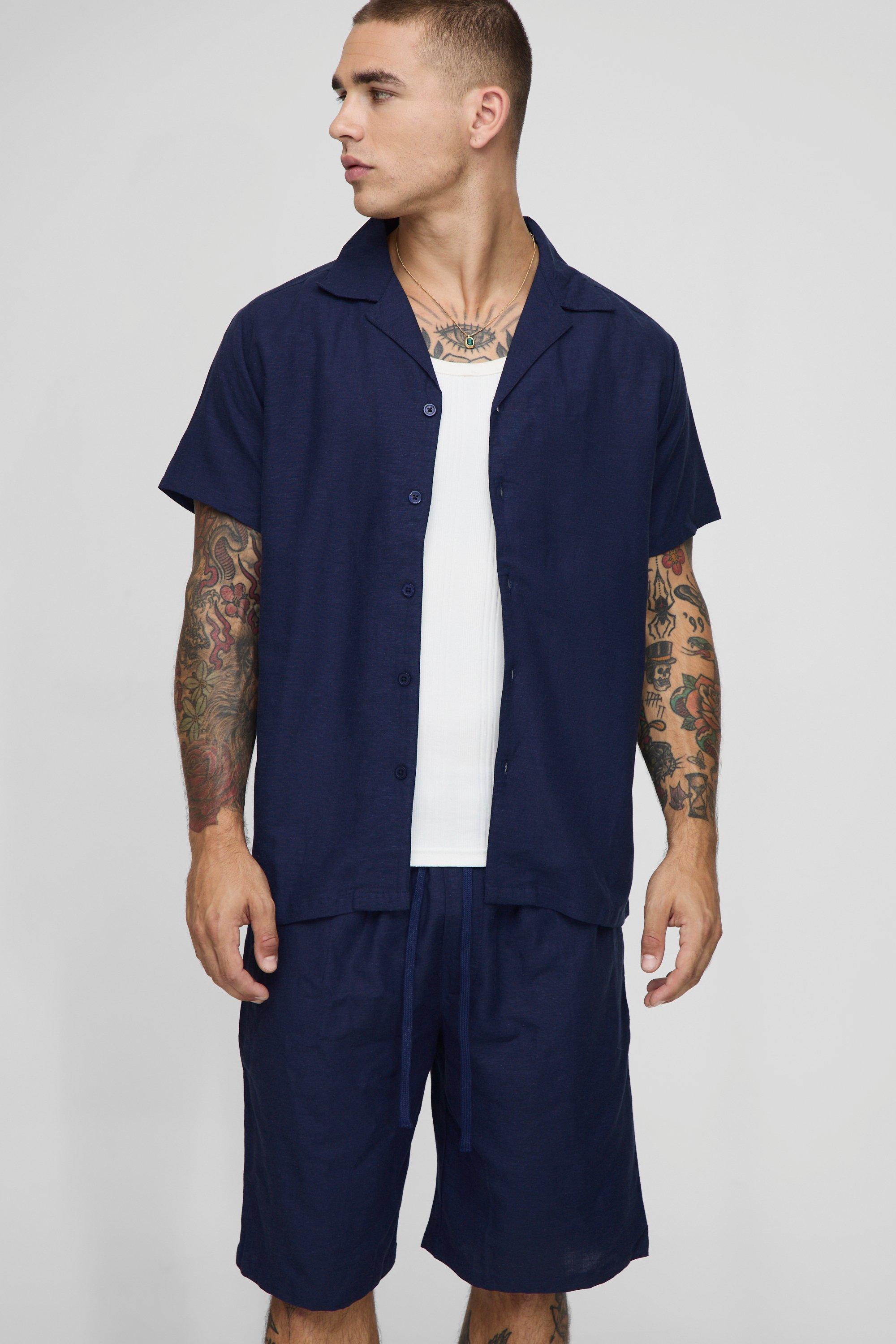Mens Navy Regular Revere Shirt & Short Set, Navy