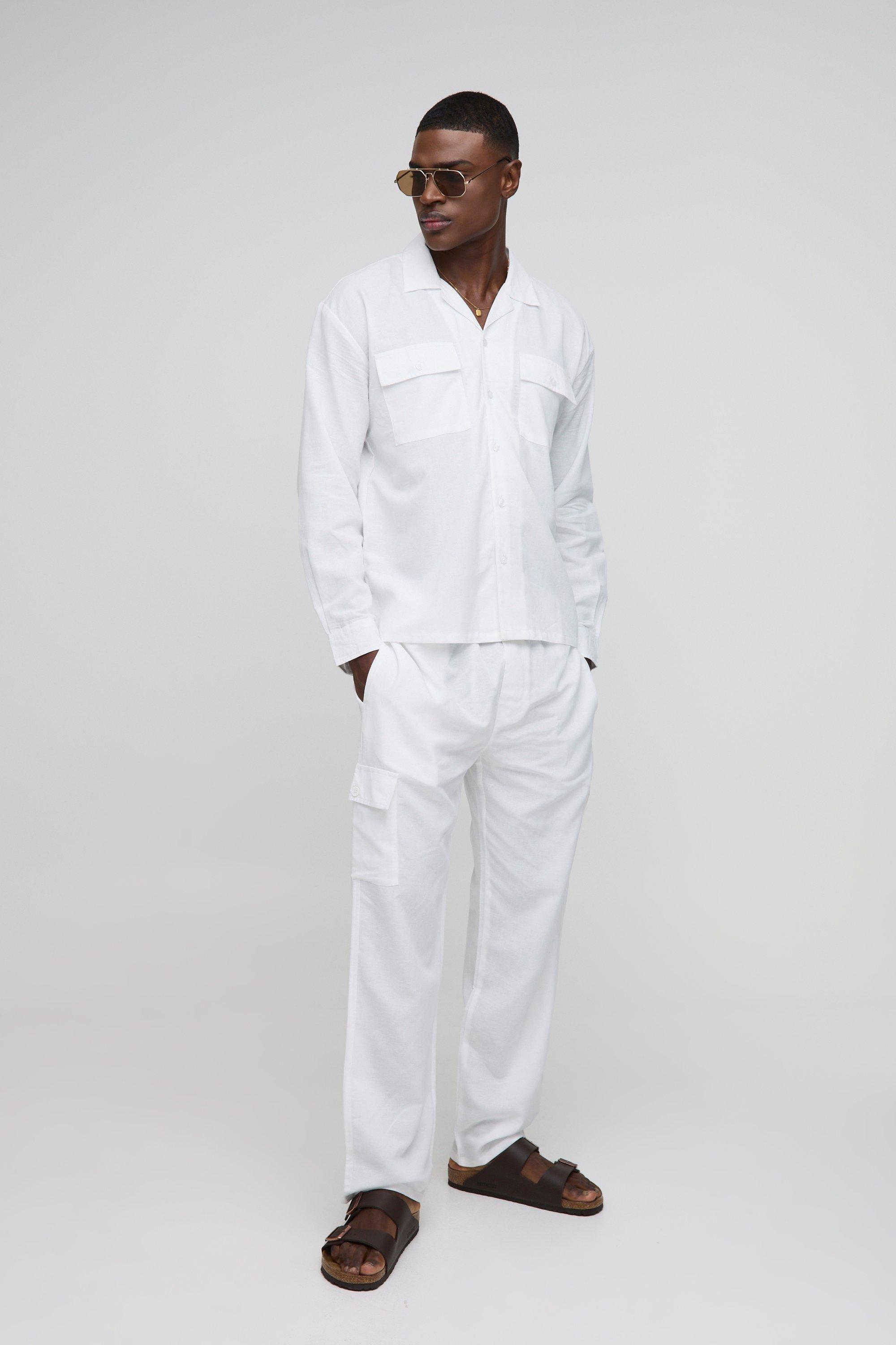 Mens White Oversized Linen Blend Cargo Pocket Shirt & Trouser Set, White