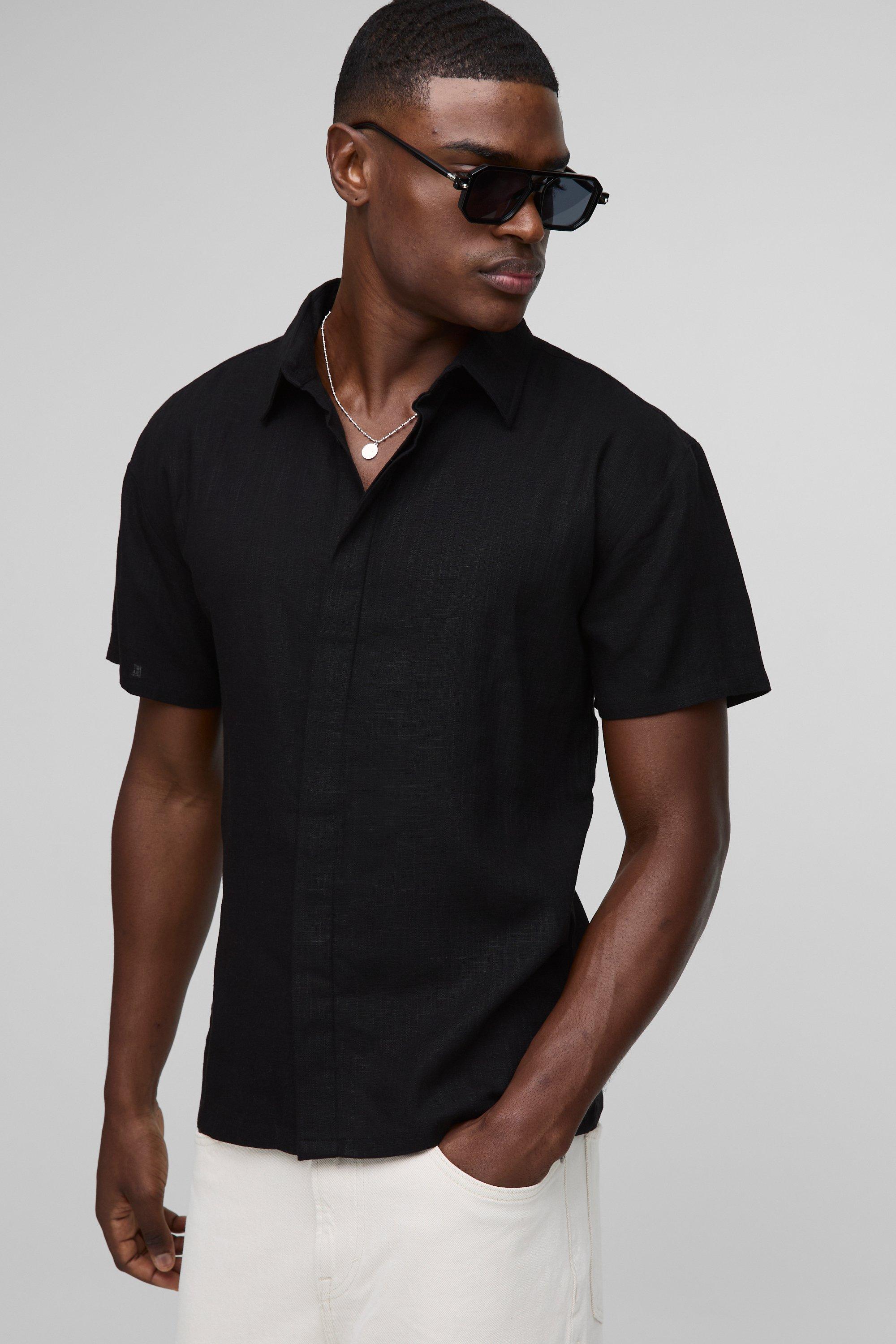 Camicia Regular Fit pesante in lino, Nero