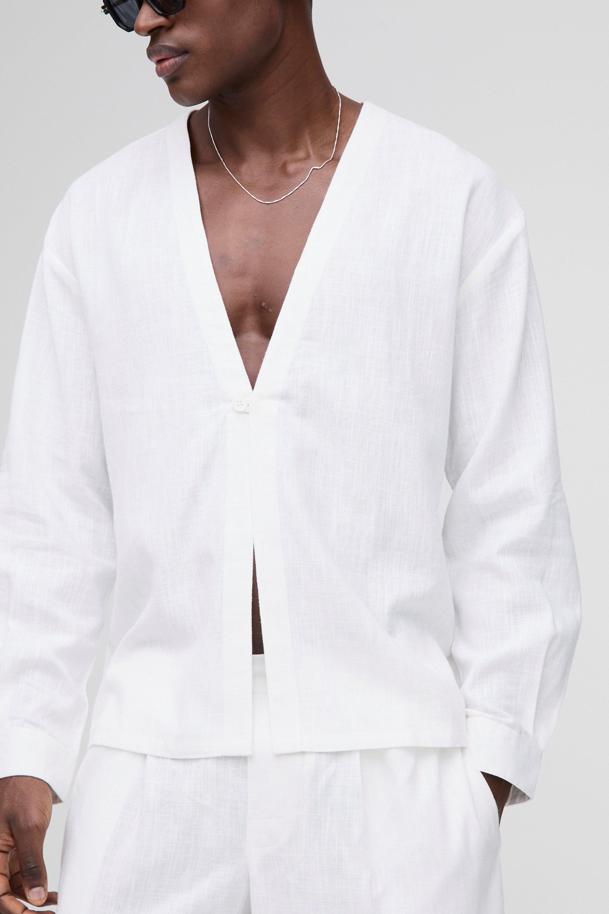 Mens White Heavyweight Linen Blend Collarless Long Sleeve Regular Fit Shirt, White
