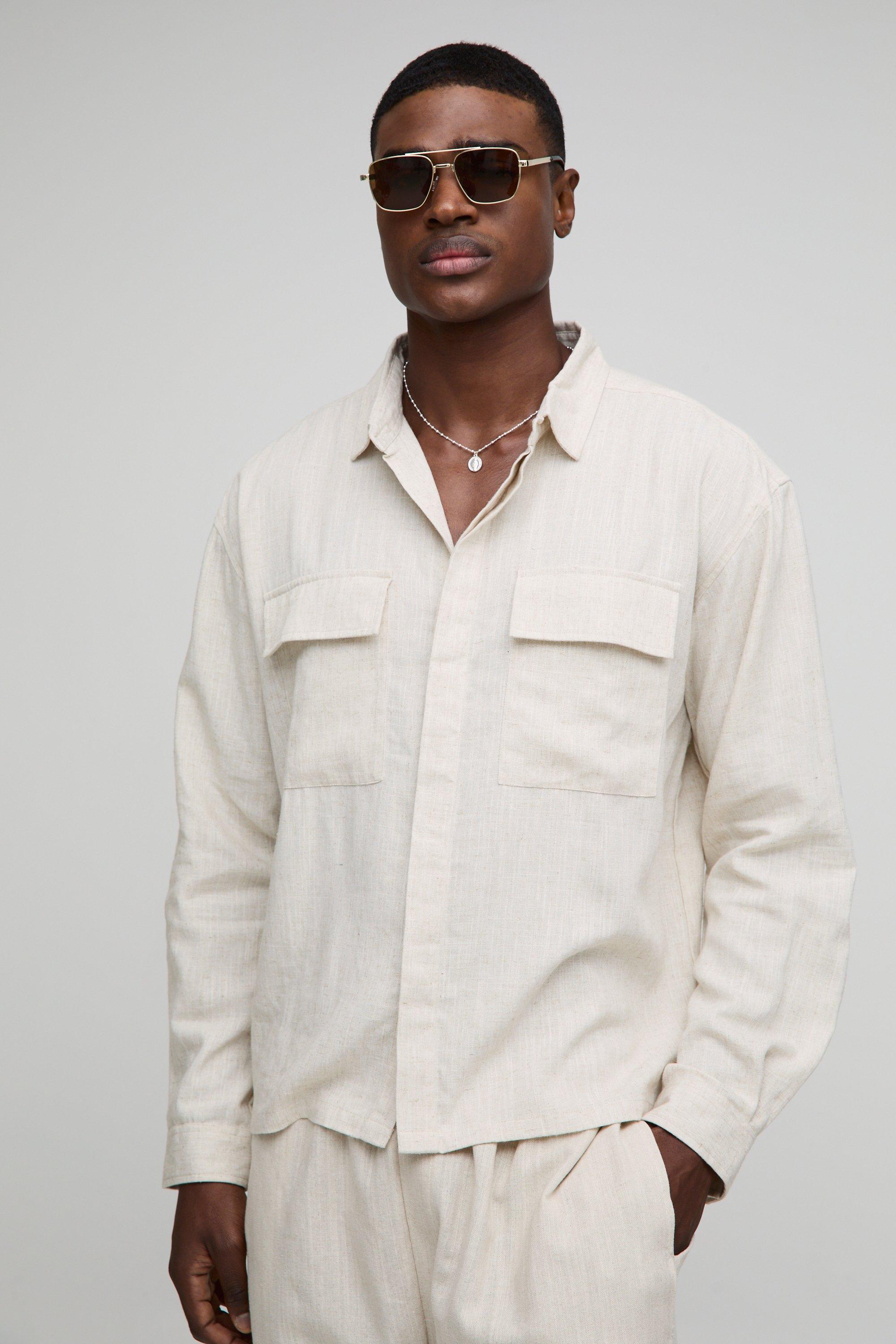 Sovracamicia pesante in lino Regular Fit con falsatura e stampa Cargo, Beige