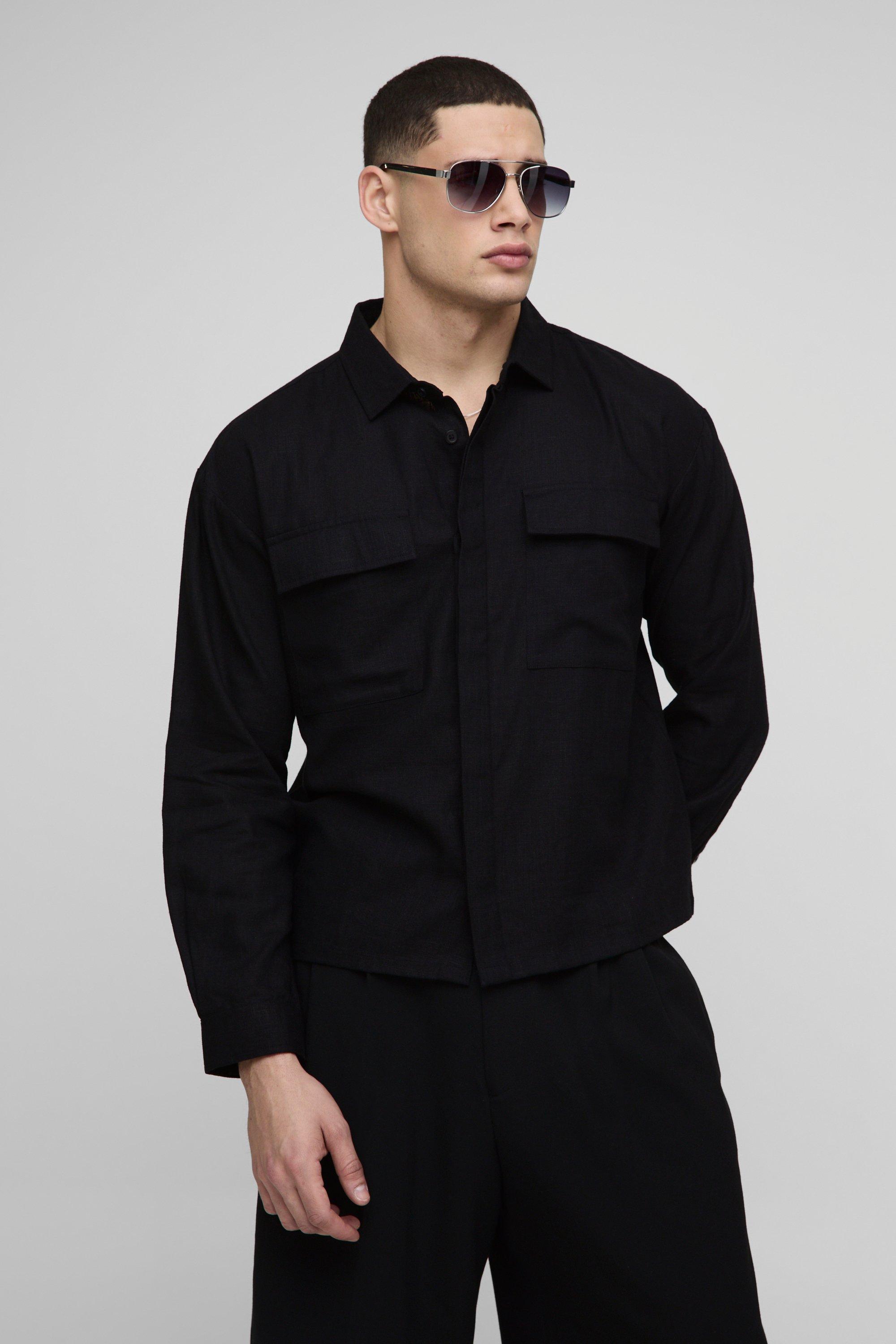 Mens Black Heavyweight Linen Blend Regular Concealed Placket Cargo Overshirt, Black
