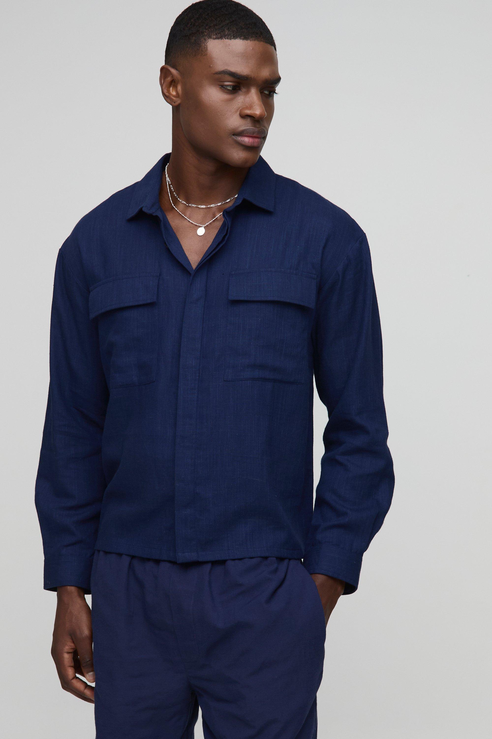 Mens Navy Heavyweight Linen Blend Regular Concealed Placket Cargo Overshirt, Navy