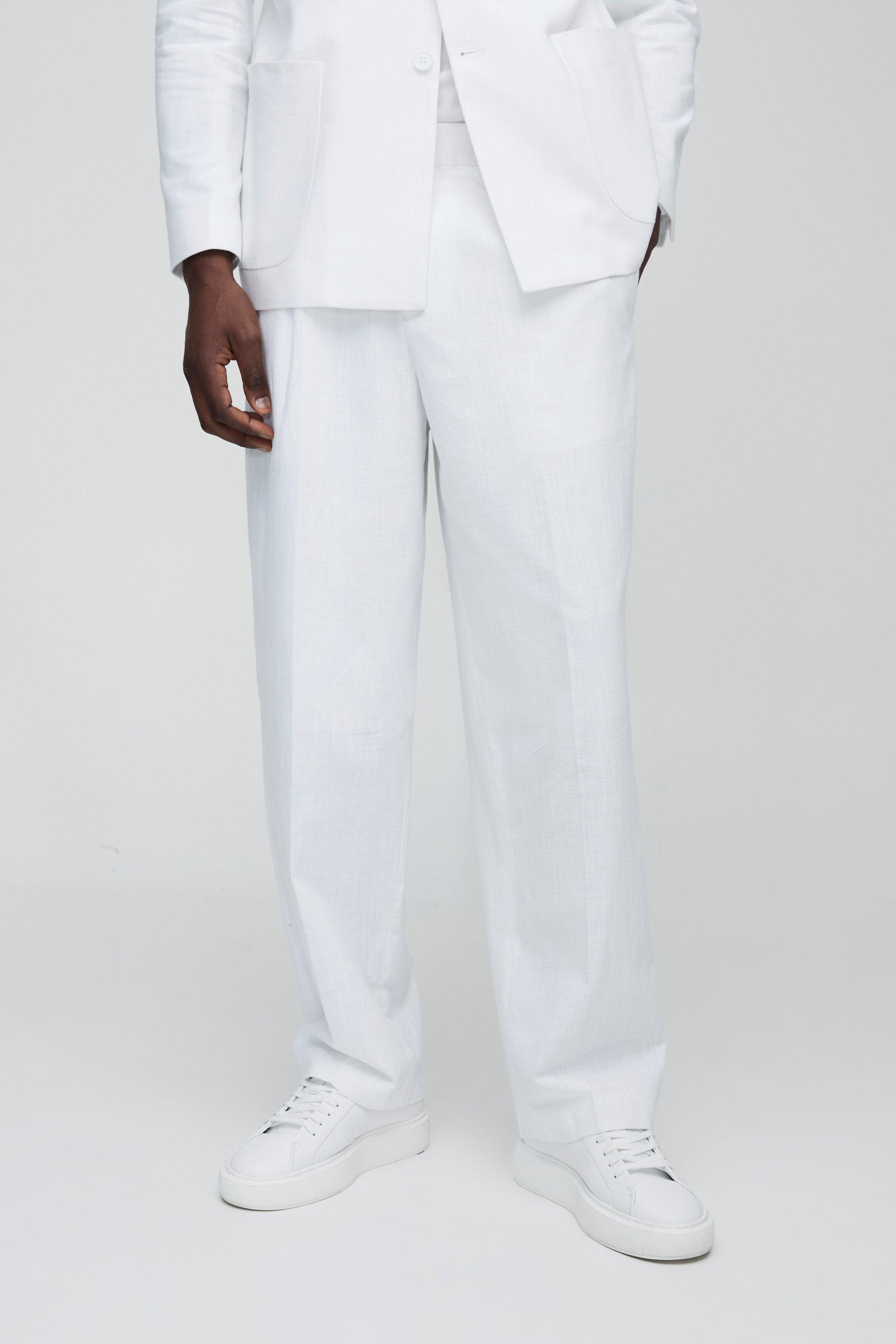 Mens White Relaxed Fit Linen Blend Trouser, White