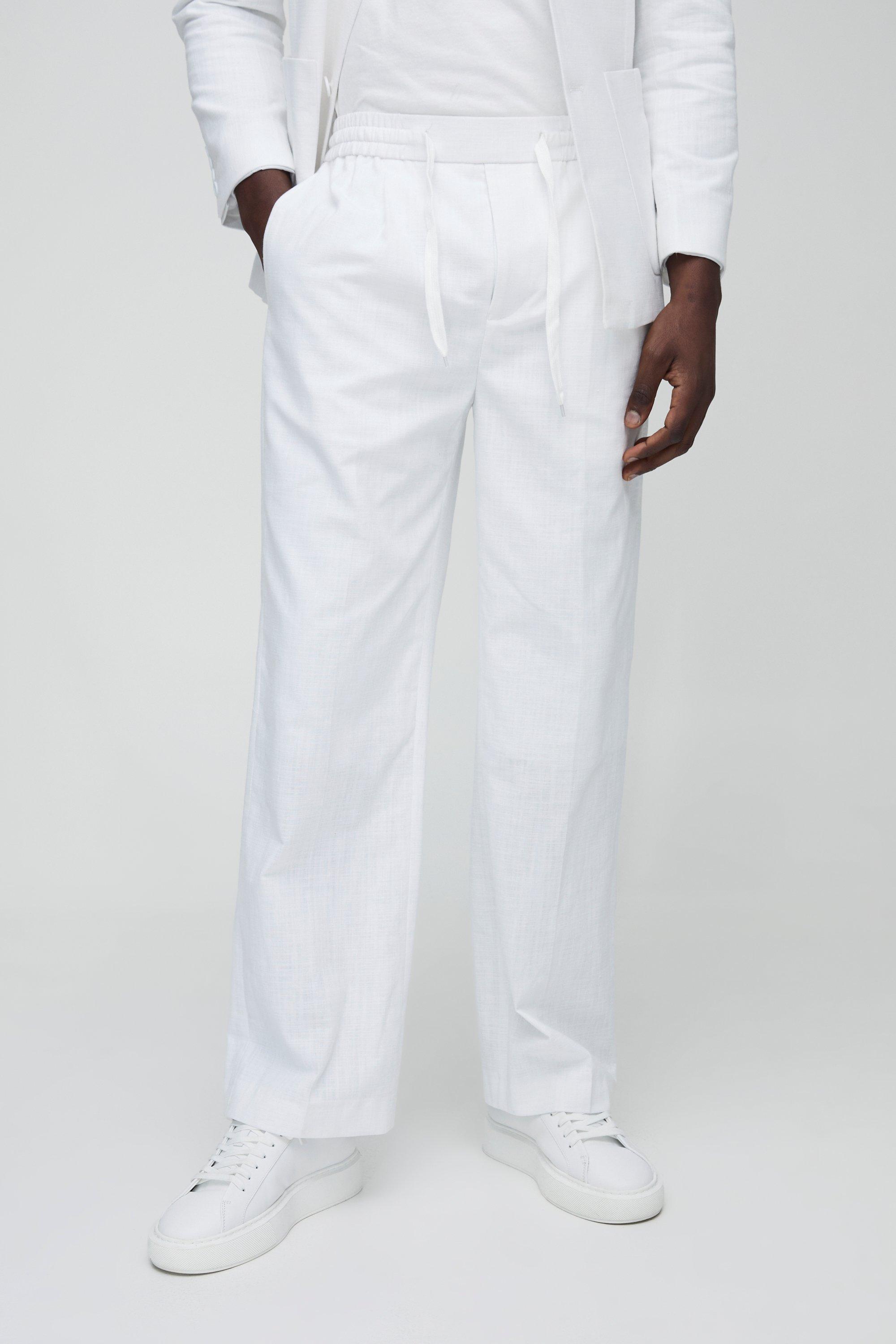 Mens White Wide Fit Elasticated Waist Linen Blend Trouser, White