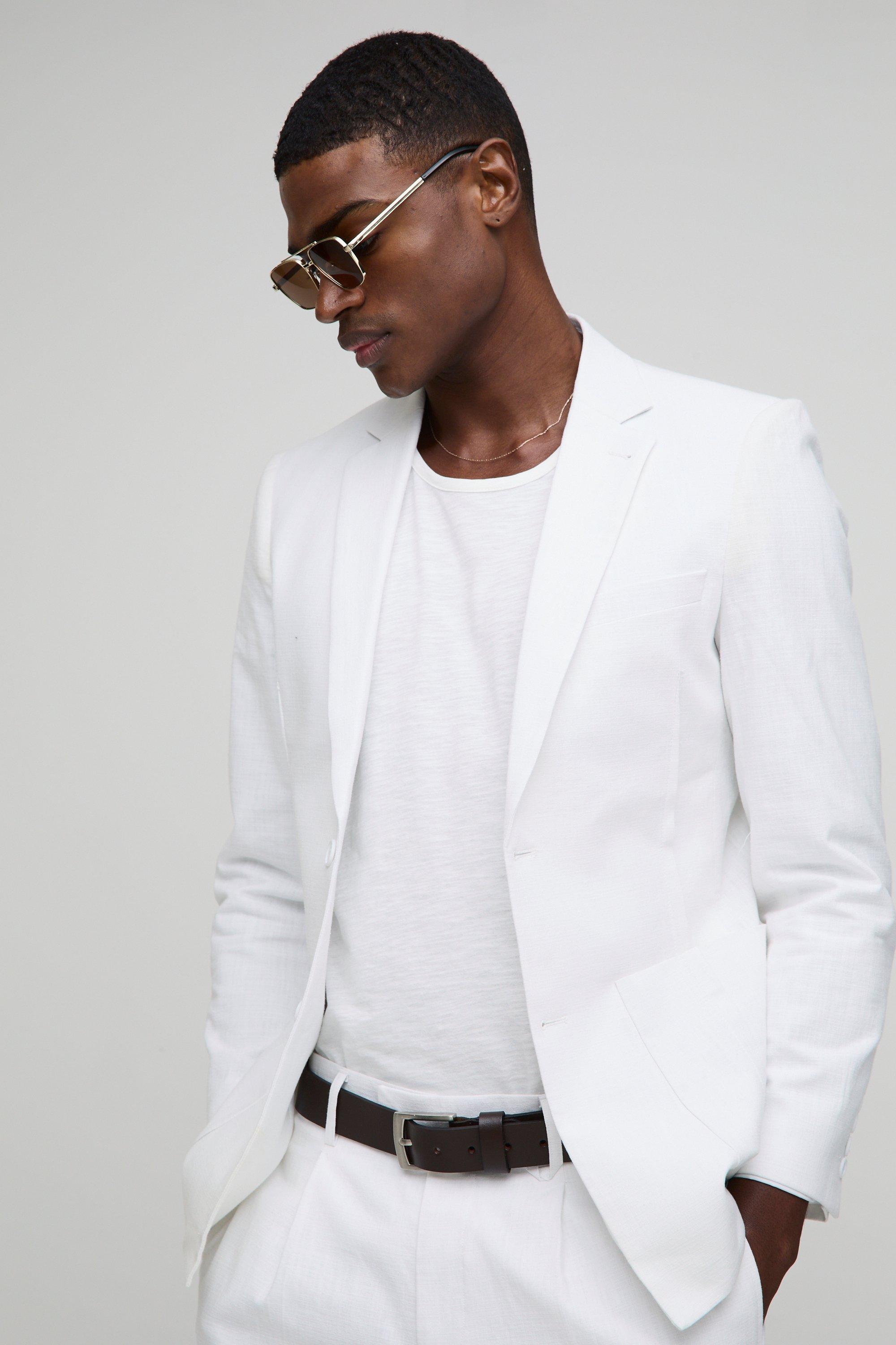 Mens White Slim Fit Linen Blend Blazer, White