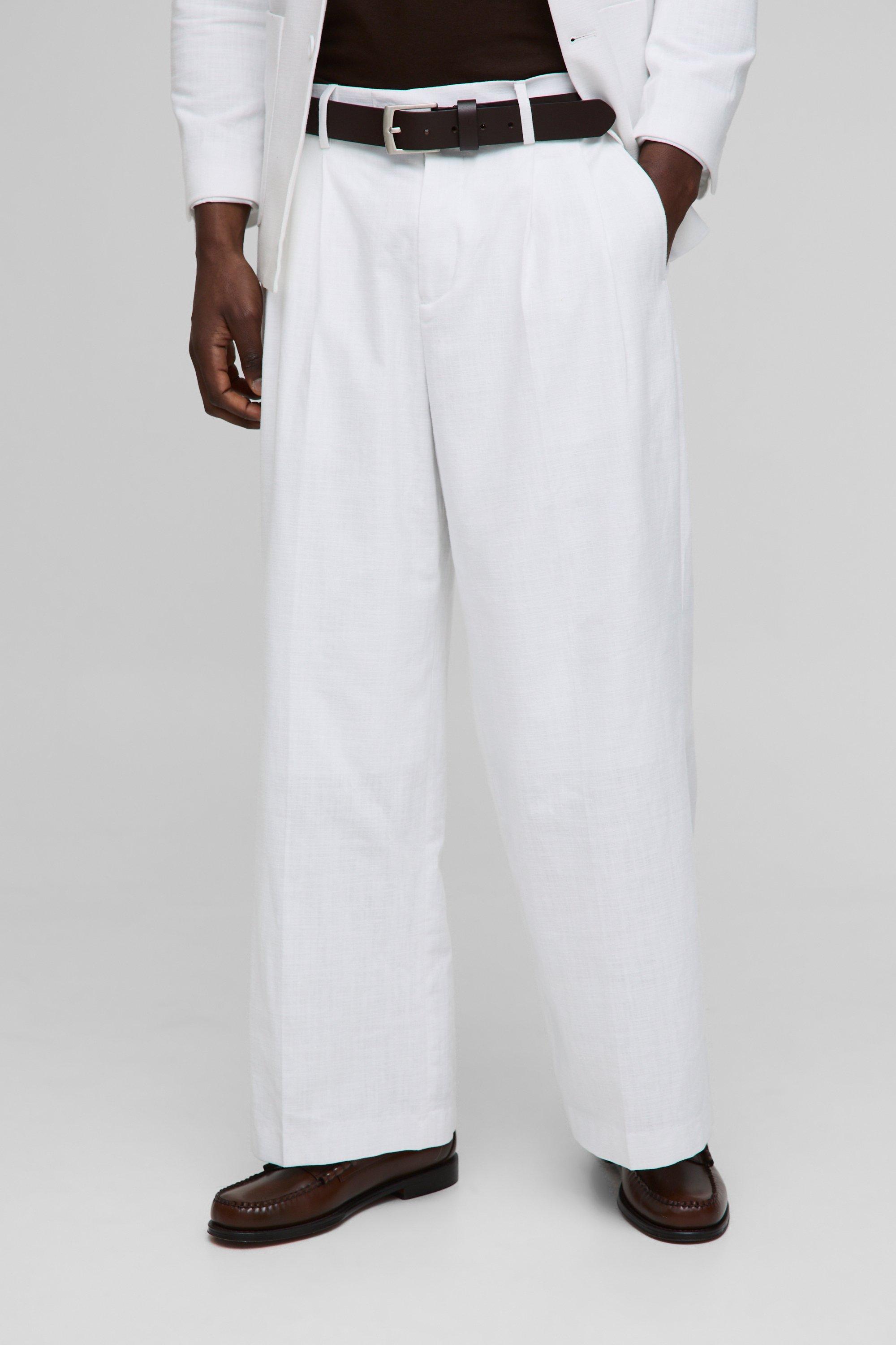 Mens White Oversized Wide Leg Linen Blend Pleated Trouser, White