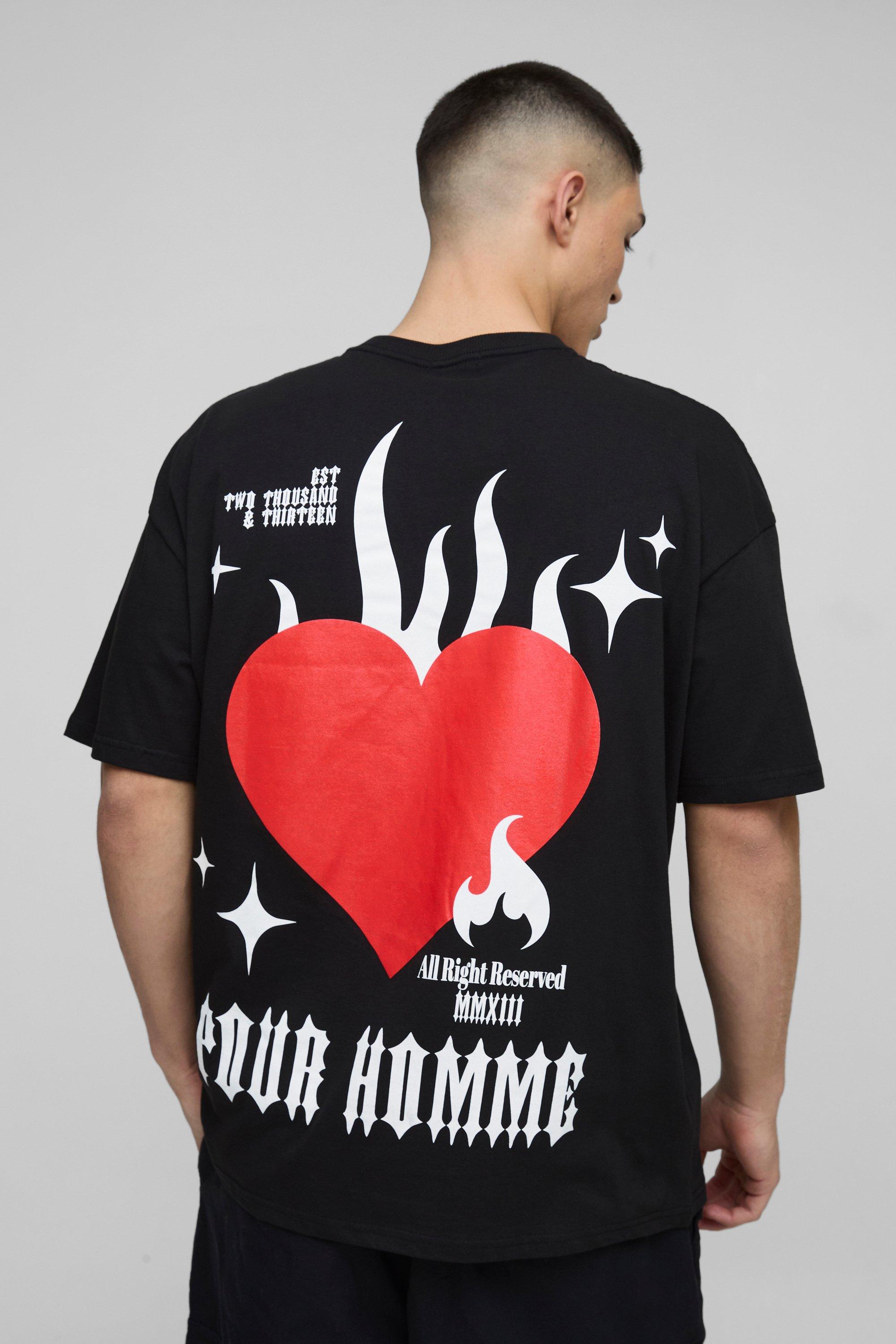 T-shirt oversize Pour Homme con grafica di cuore e fiamme, Nero