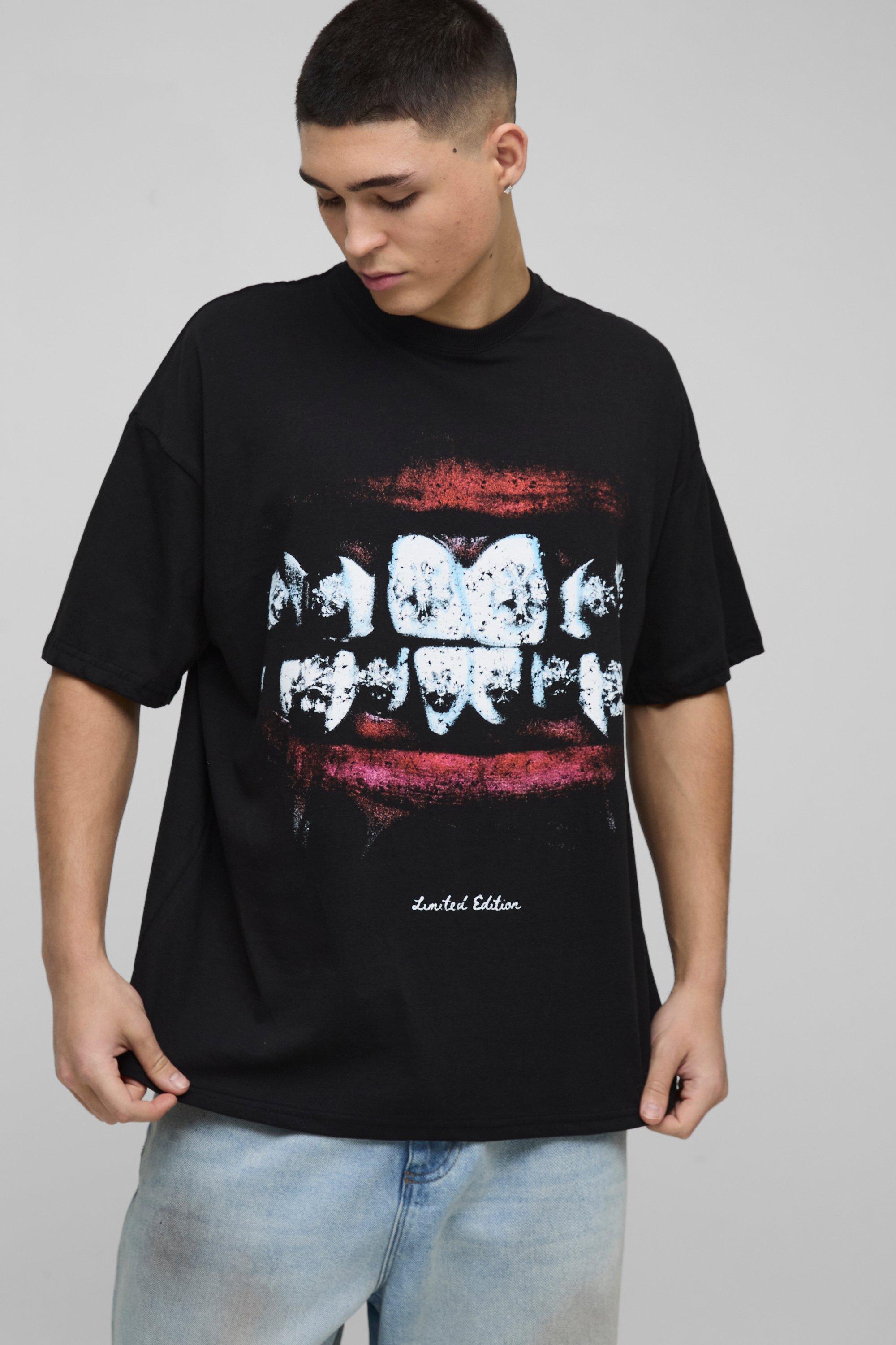 T-shirt oversize con grafica di labbra, Nero