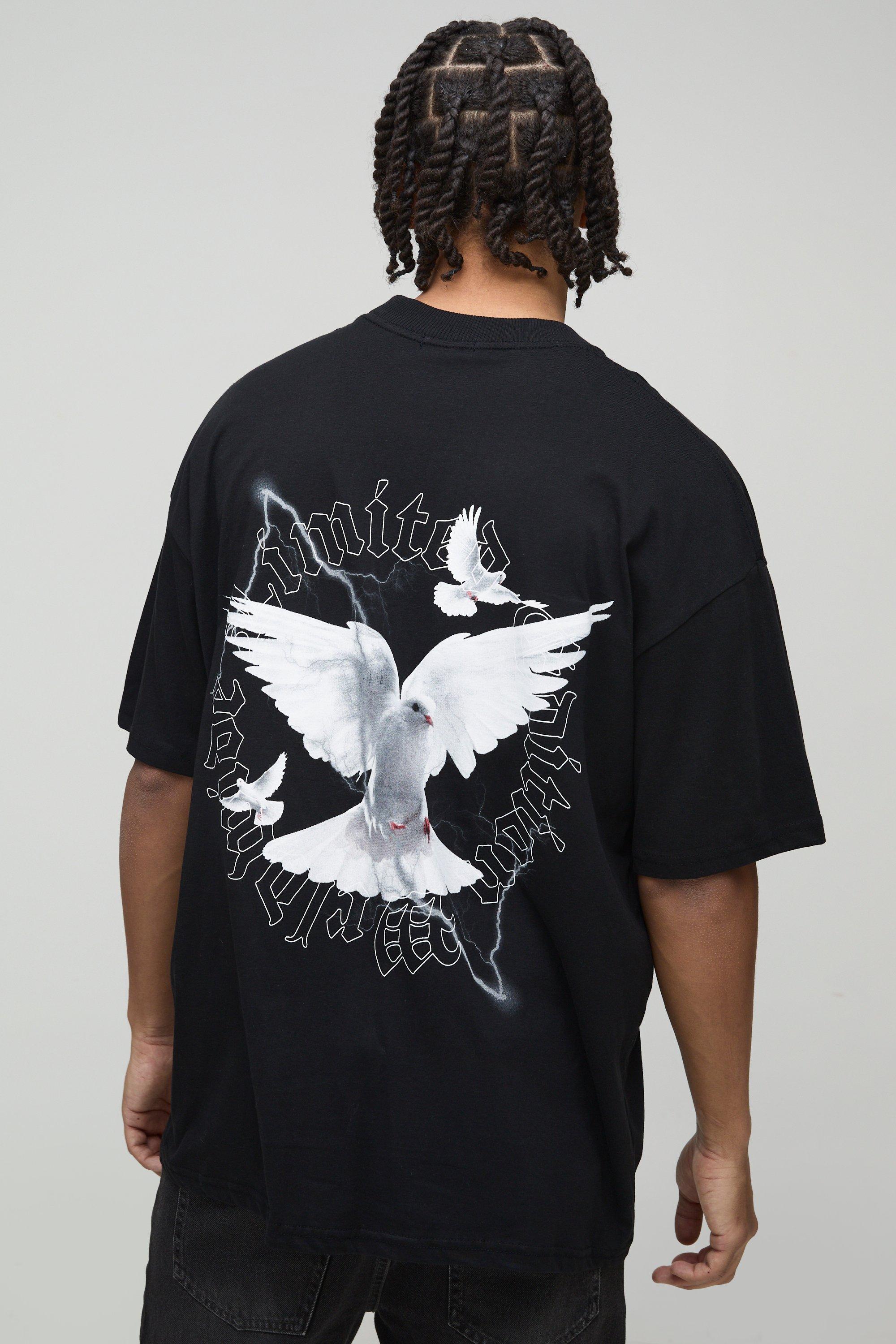 Mens Black Oversized Extended Neck Dove Graphic T-Shirt, Black