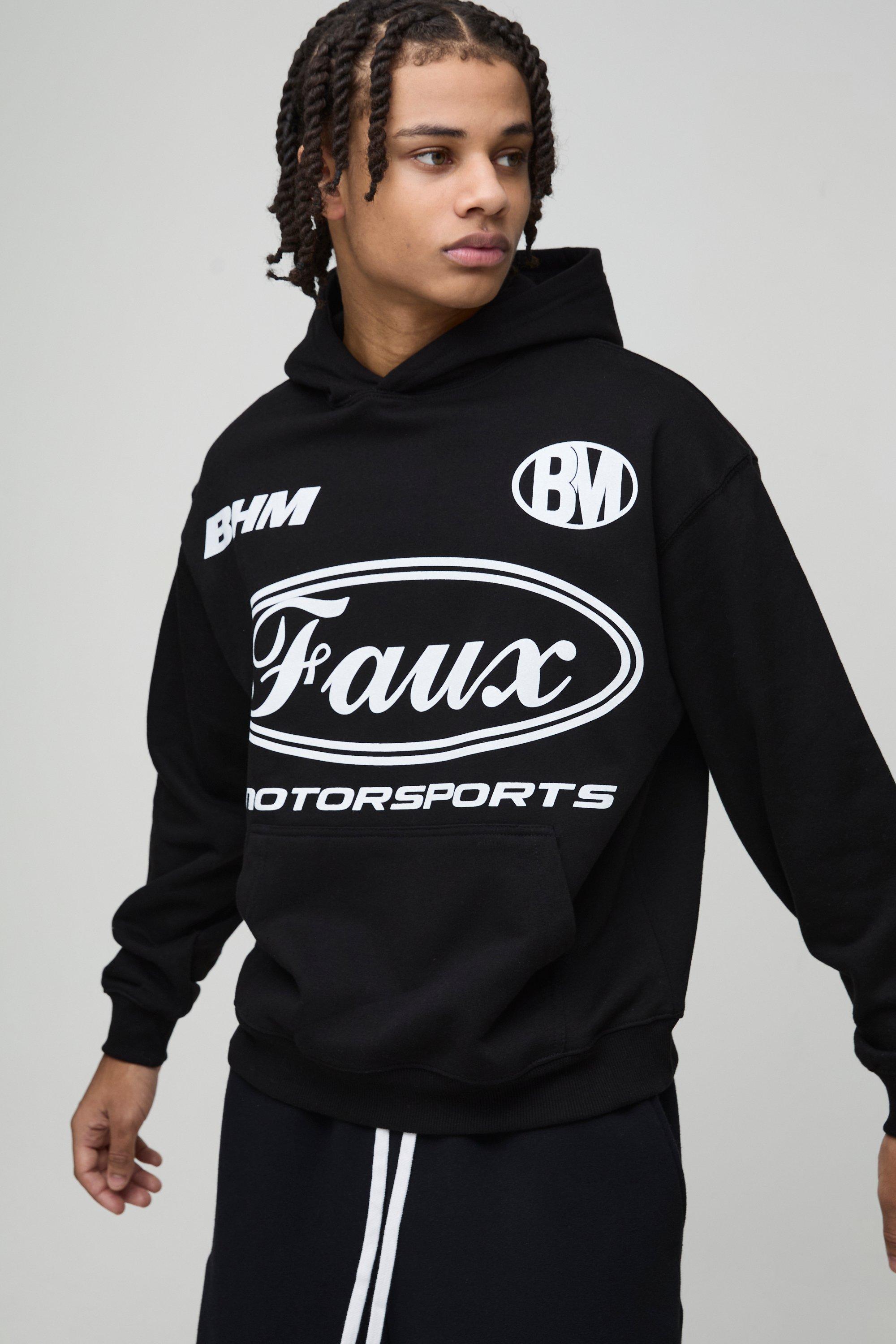 Mens Black Oversized Boxy Moto Faux Graphic Hoodie, Black