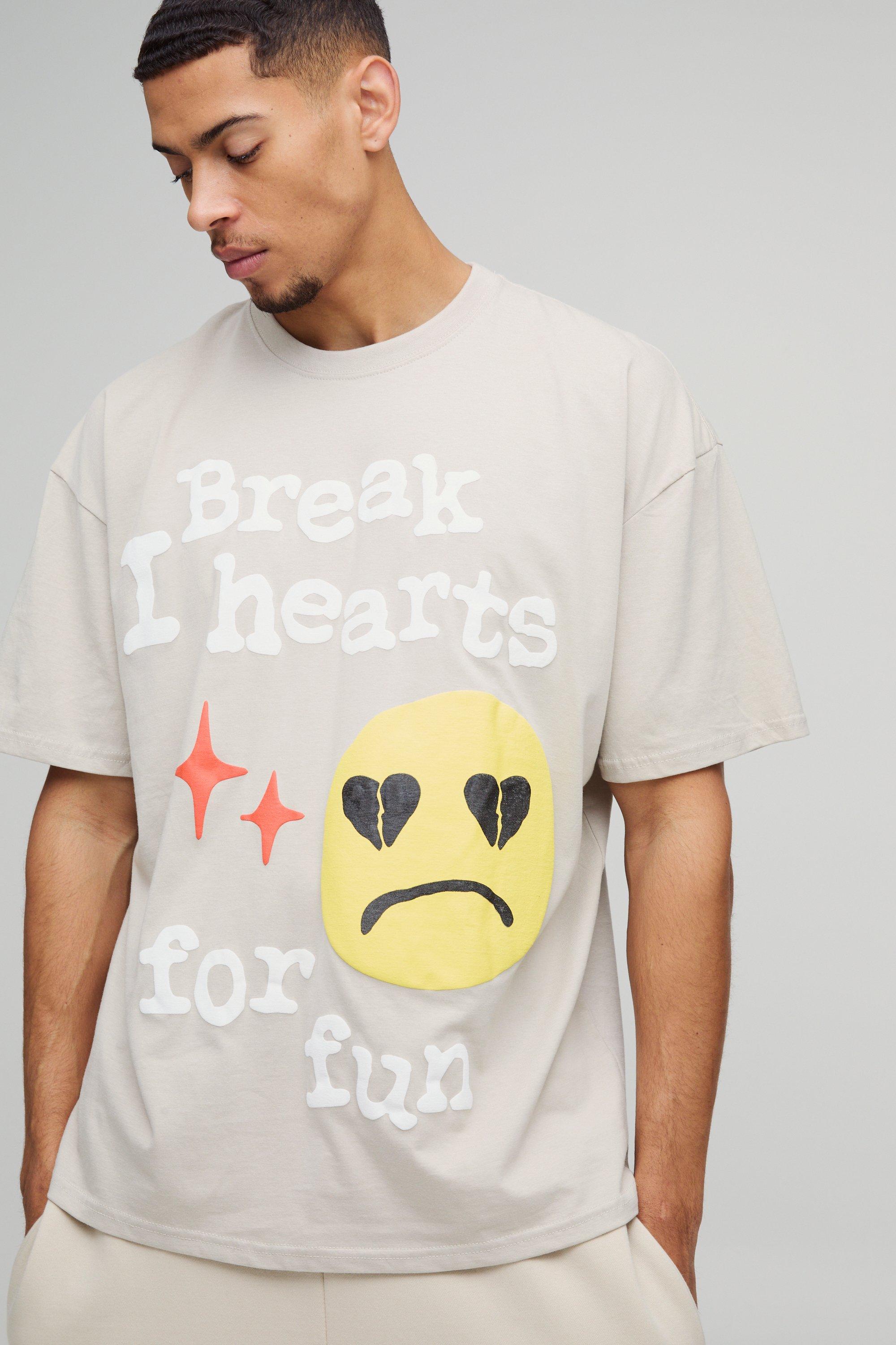 Mens Beige Oversized Break Hearts Slogan Puff Print T-Shirt, Beige